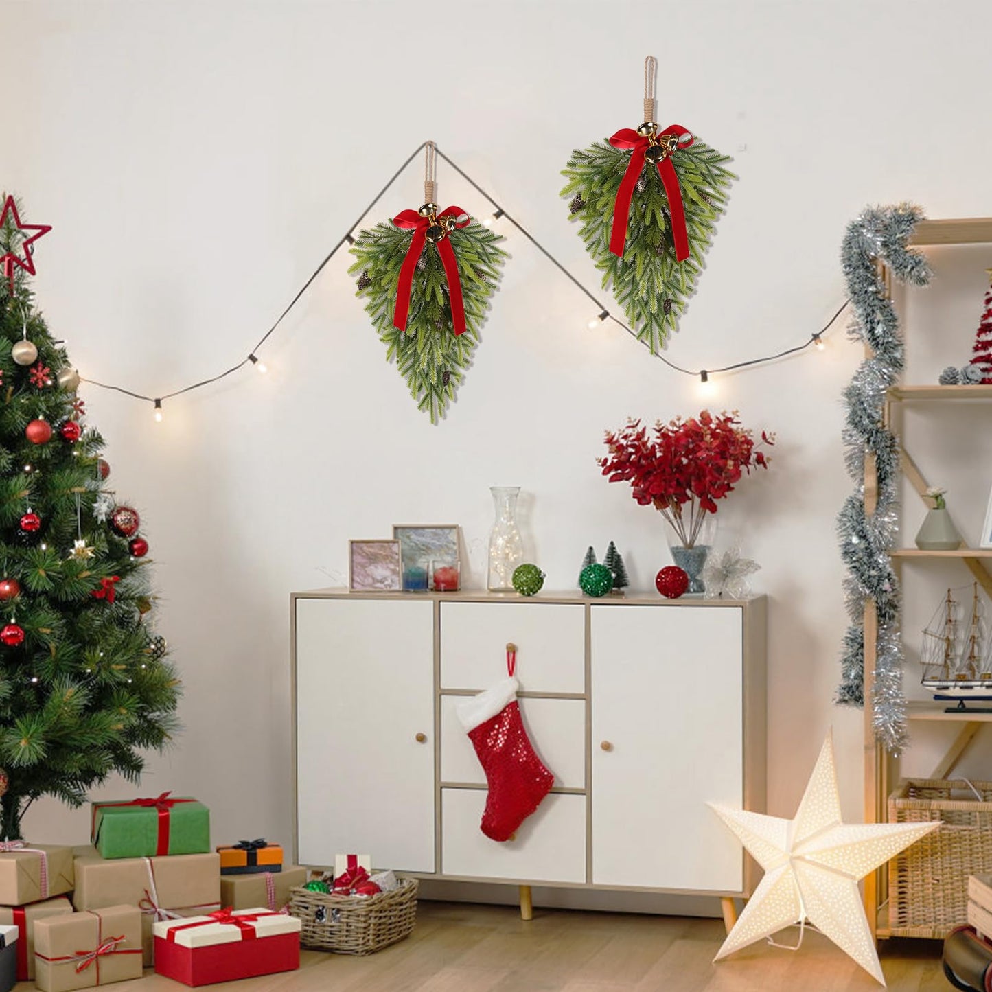RoseCraft 2PCS Christmas Decorations, Artificial Front Door Christmas Wreaths, Hanging Bell Bow Decorations, for Fireplace Home Holiday Wall Party Xmas Decor.