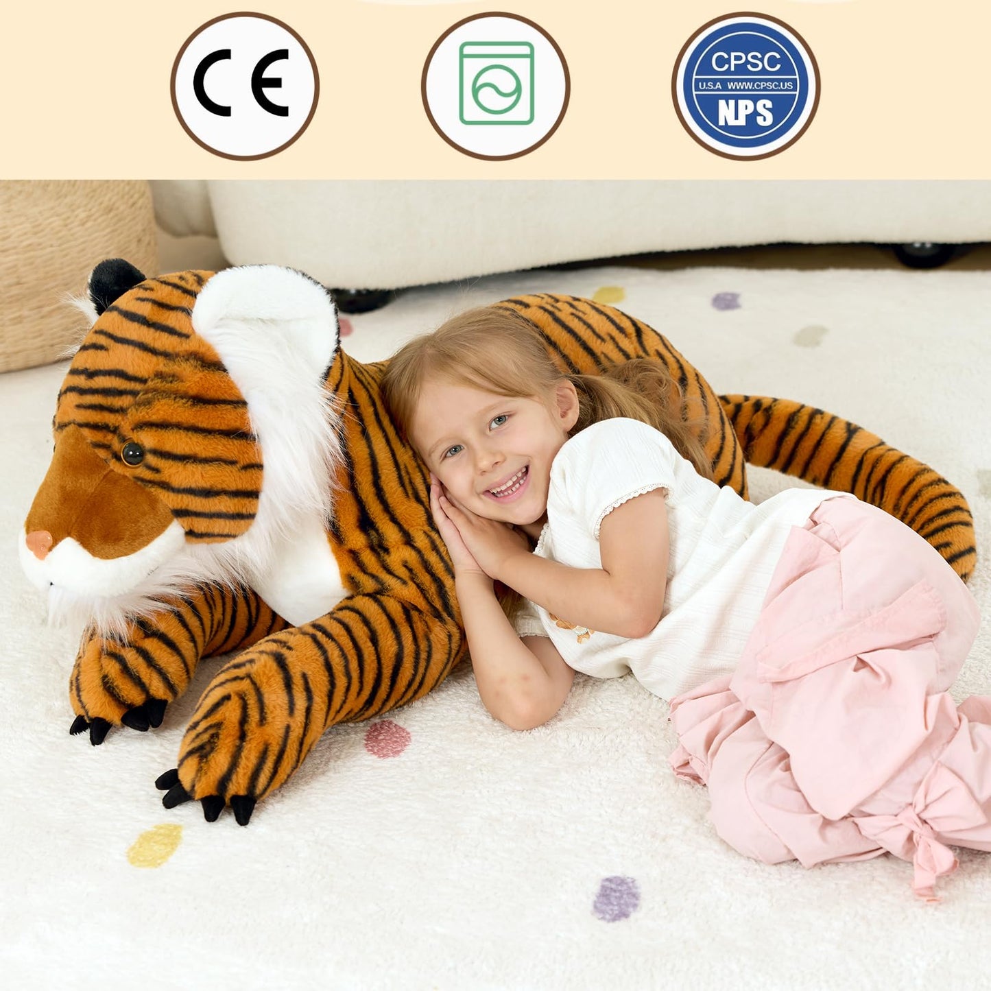 MaoGoLan Giant Tiger Stuffed Animal - 46” Realistic Tiger Plush Toy for Boy Girl Kid, Soft Fluffy Wild Cat Zoo Animal Toy Plush Pillow for Birthday Gift, Baby Shower Party Favor, Home Decor