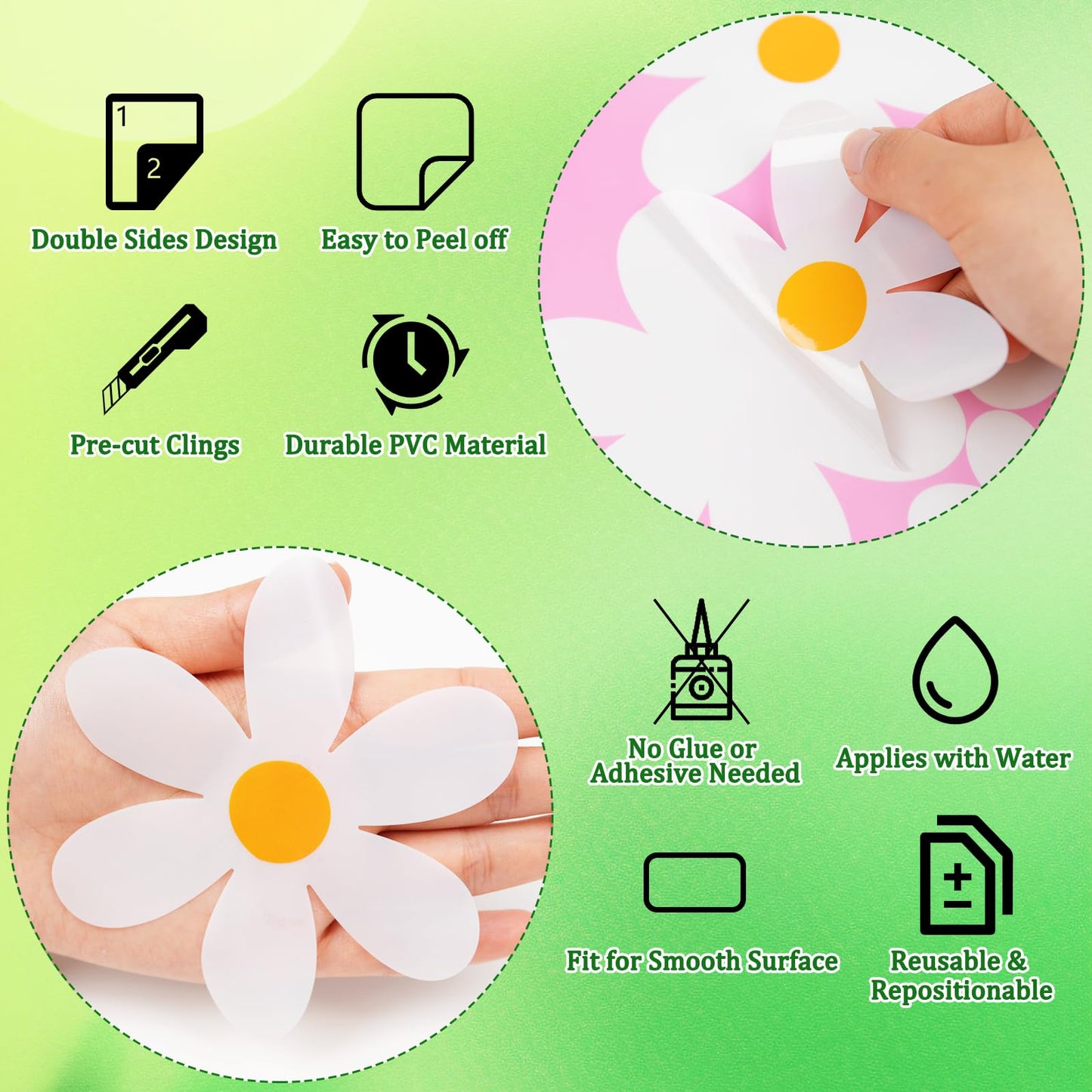 AOWDIAO 108 Pcs White Daisy Window Clings - 9 Sheets, Double-Sided Flower Glass Stickers - Summer & Spring Decorations for Home, Office, School