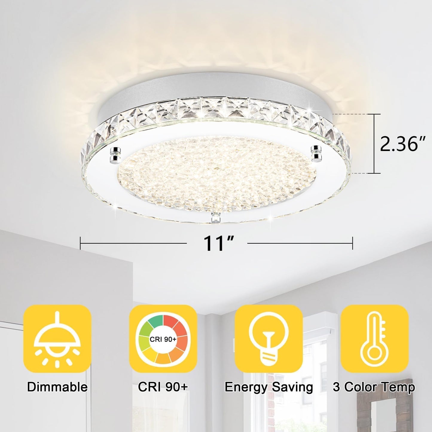 Lzawvm Crystal Flush Mount Ceiling Light 18W LED Dimmable Modern Ceiling Light for Bedroom, Closet, Foyer, Hallway, Dia 11 Inch, 3 Color Change