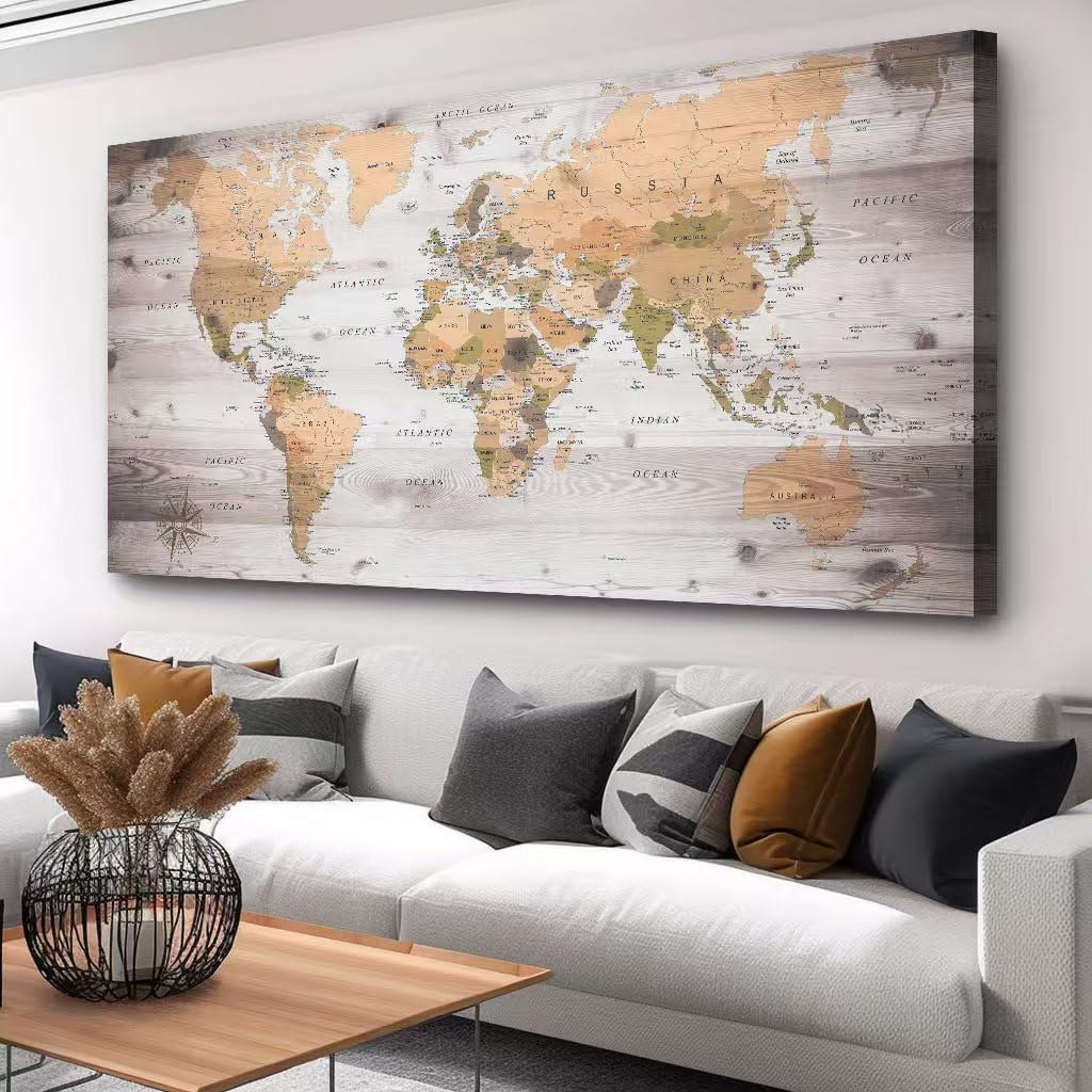 Large Wall Art grey map of The World Painting Ready to Hang 29"x58"Large Framed Wall Art World Map Canvas Map Decorations Artwork Prints