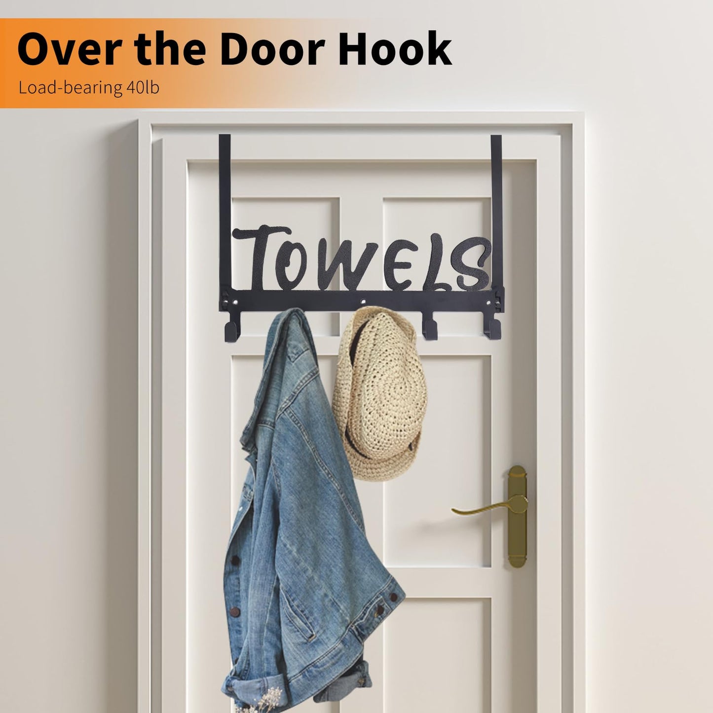 Gohiuo Over The Door Hook, Towel Holder Towel Hook for Bathroom, Towel Hanger Door Rack with 5 Coat Hooks, Over The Door Hanger Towel Rack for Bathroom, Bedroom Towels Coats, Black