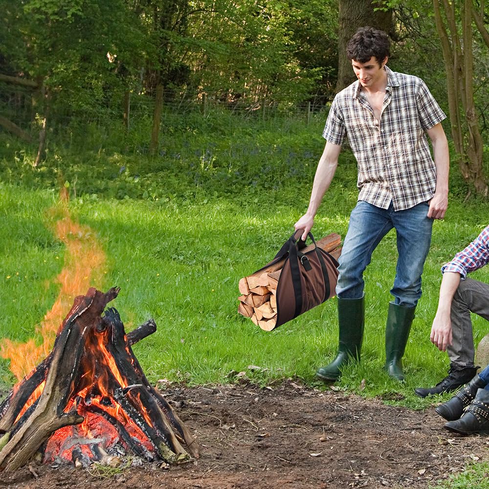 Firewood Carrier Log Bag Waxed Canvas Log Tote Bag for Indoor Fireplace Log Holders with Handle Large Fire Wood Carriers for Outdoor Fire Pit Fireplace Wood Stove Accessories Log Bag