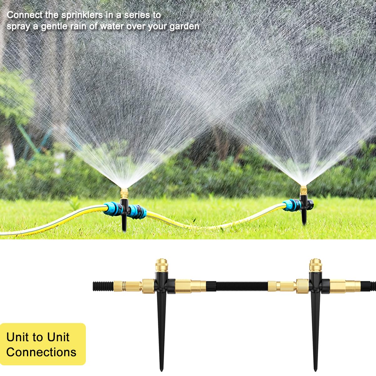 FANHAO Metal Lawn Sprinkler for Yard, 2 Pack Automatic Garden Water Sprinkler on Spike Base, Adjustable Brass Sprinkler Nozzle 360 Degree Large Area Coverage for Lawn Grass Patio Garden Irrigation