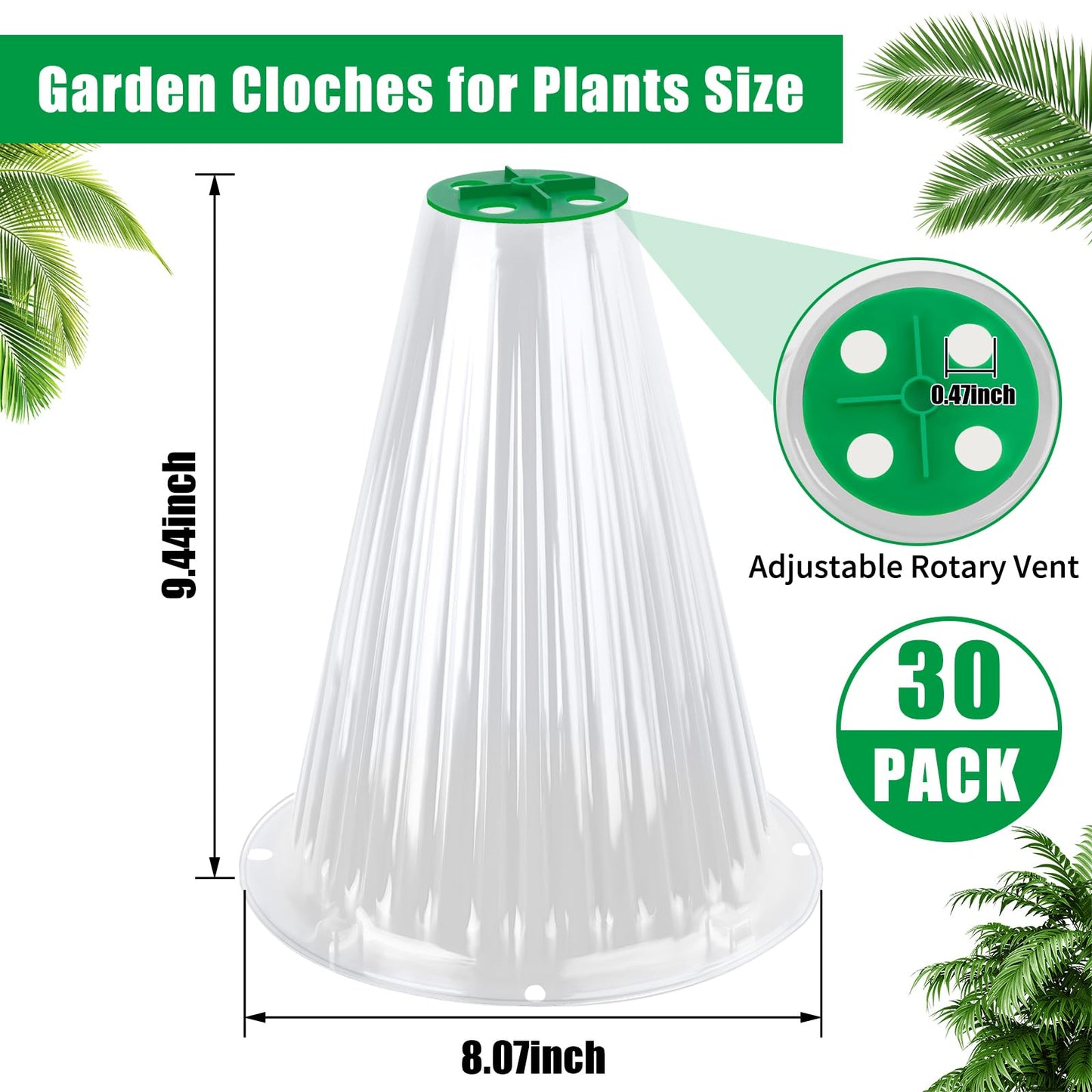 UQM 30 Pack Garden Cloches for Plants, Reusable Bell Plant Protector with Rotary Vent Cover, Garden Protection from Animals Snails Birds Chickens Insect, 9.44" H X 8.07" D (Clear)