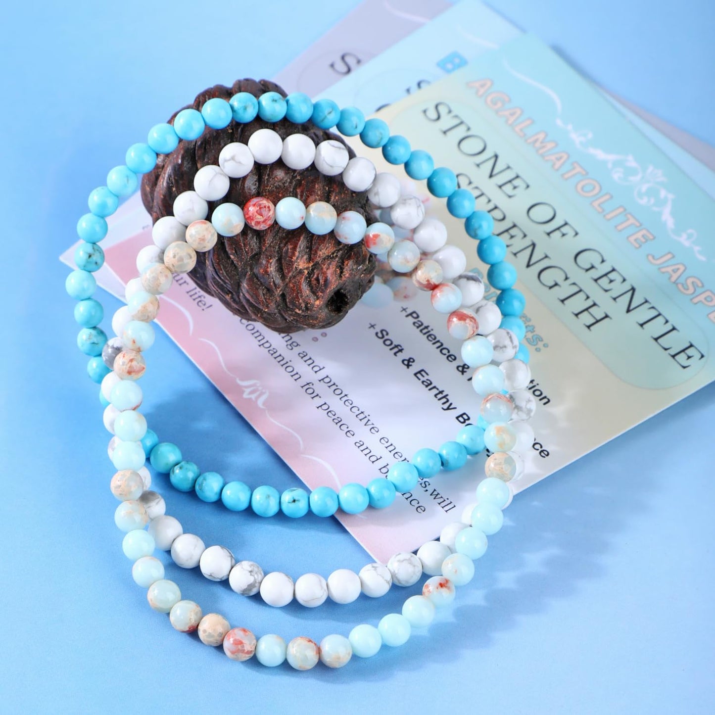 CMBYN 3-Pieces 4mm Natural Crystal Gemstone – ﻿Agalmatolite Jasper, Blue Turquoise, Howlite Handmade Reiki Energy Healing Stretch Bracelets Jewelry for Yoga, Meditation, Unisex