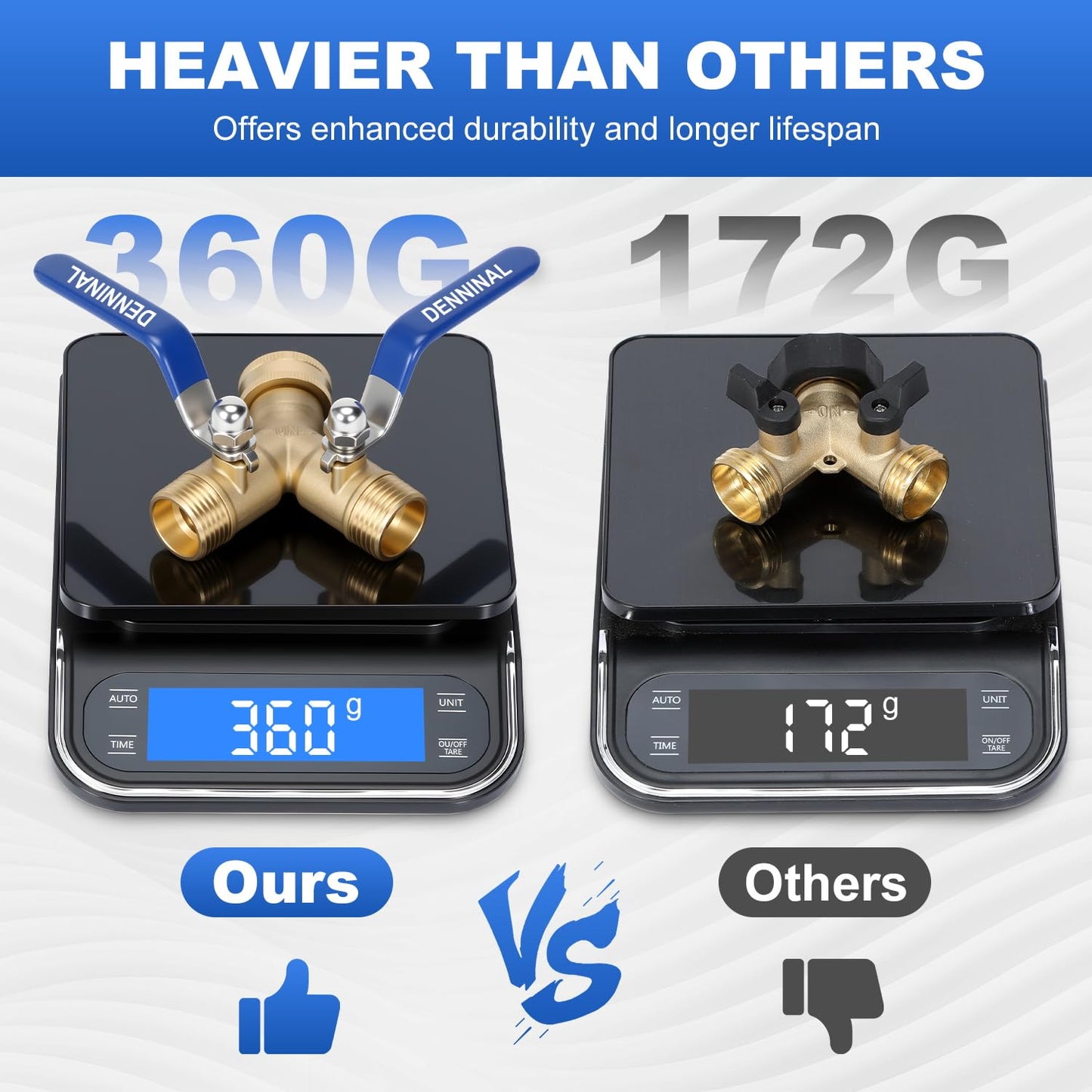 Denninal Brass Garden Hose Splitter 2 Way Heavy Duty with 304 Stainless Steel Long Handle, Outdoor Full Flow Hose Bib Splitter Connector, Y Valve 3/4 Inch GHT Thread