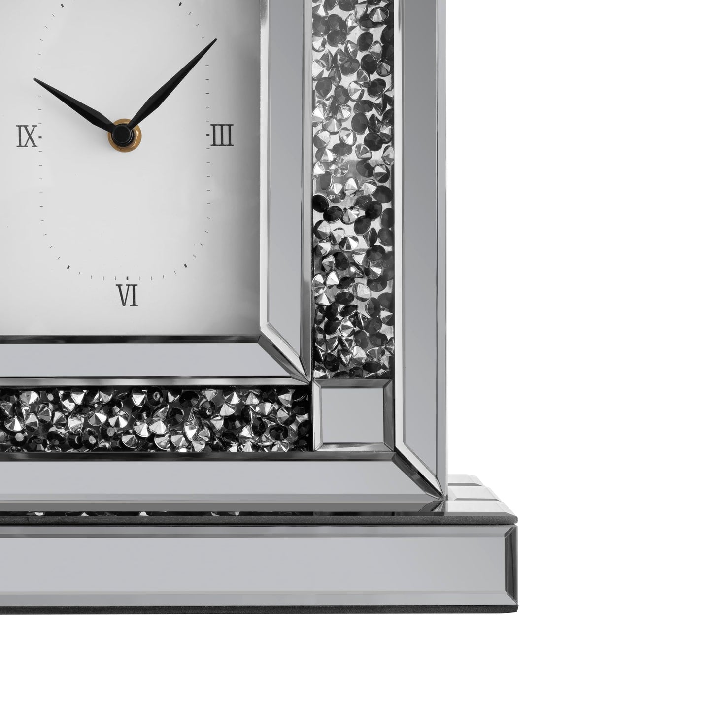 SHYFOY Luxury Crystal-Embedded Mirrored Table Clock, Elegant Decorative Clock with Roman Numerals for Home & Office, Silver Glam Desk Clock Home Decor