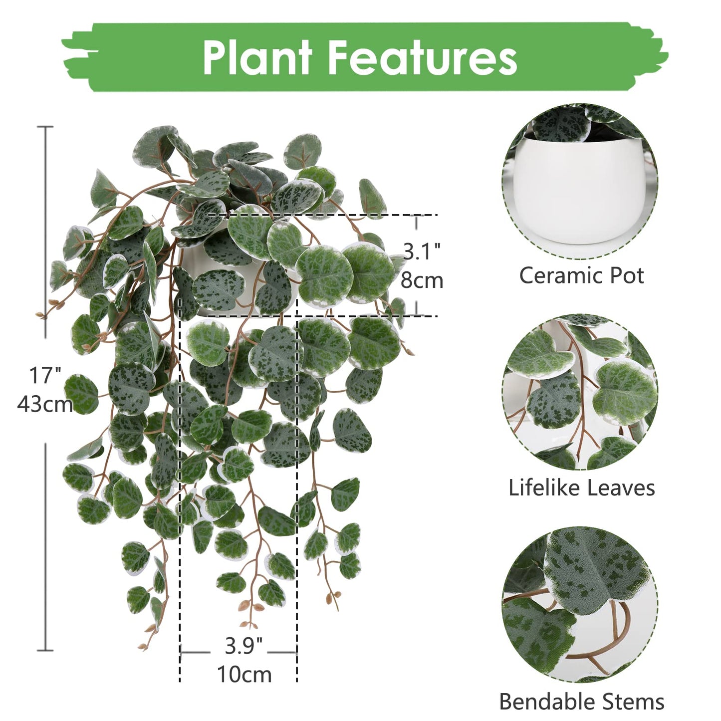 Briful Fake Plants Indoor 16'' Artificial String of Hearts Plants with Ceramic Pot Faux Draping Vine Plants for Home Bathroom Table Shelf Office Hotel Decor