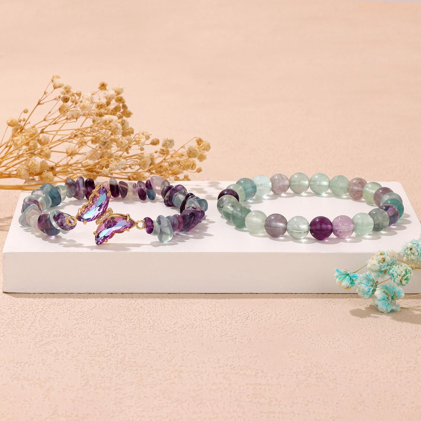 GolbalJew Fluorite Stone Bracelet for Women Healing Crystal Stone Bracelets Green Gemstone Beads Stretch Bracelet Butterfly Charms Jewelry Women Gift