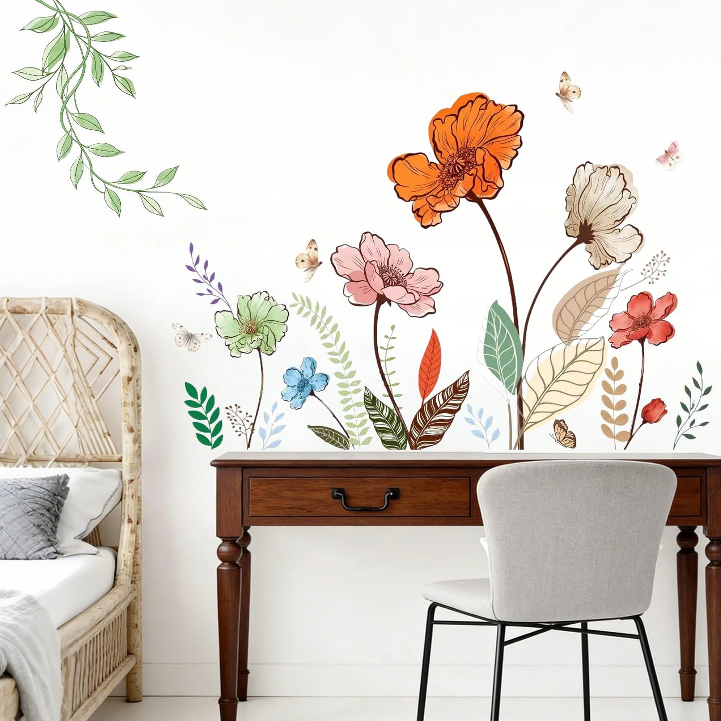 Flower Wall Decals Large Boho Wall Stickers - Wildflower Floral Spring Wall Art Decals Wall Decor Peel and Stick for Living Room Bedroom TV Wall