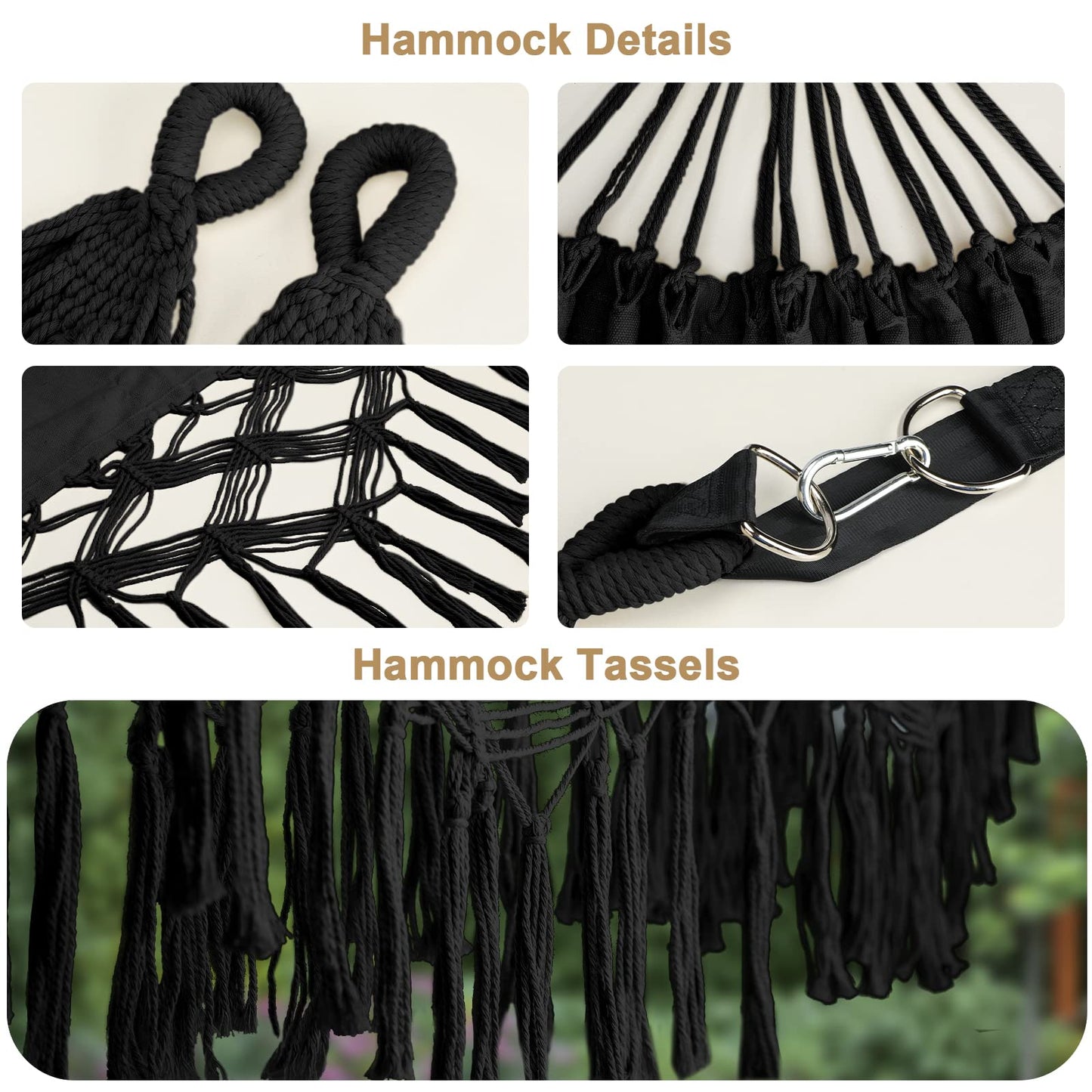 Bellzacasa Double Hammock, Heavy Duty 500 lb Load Capacity Tassels and Fishtail Knitting with Mounting Straps for Outdoor Camping Patio Balcony Black
