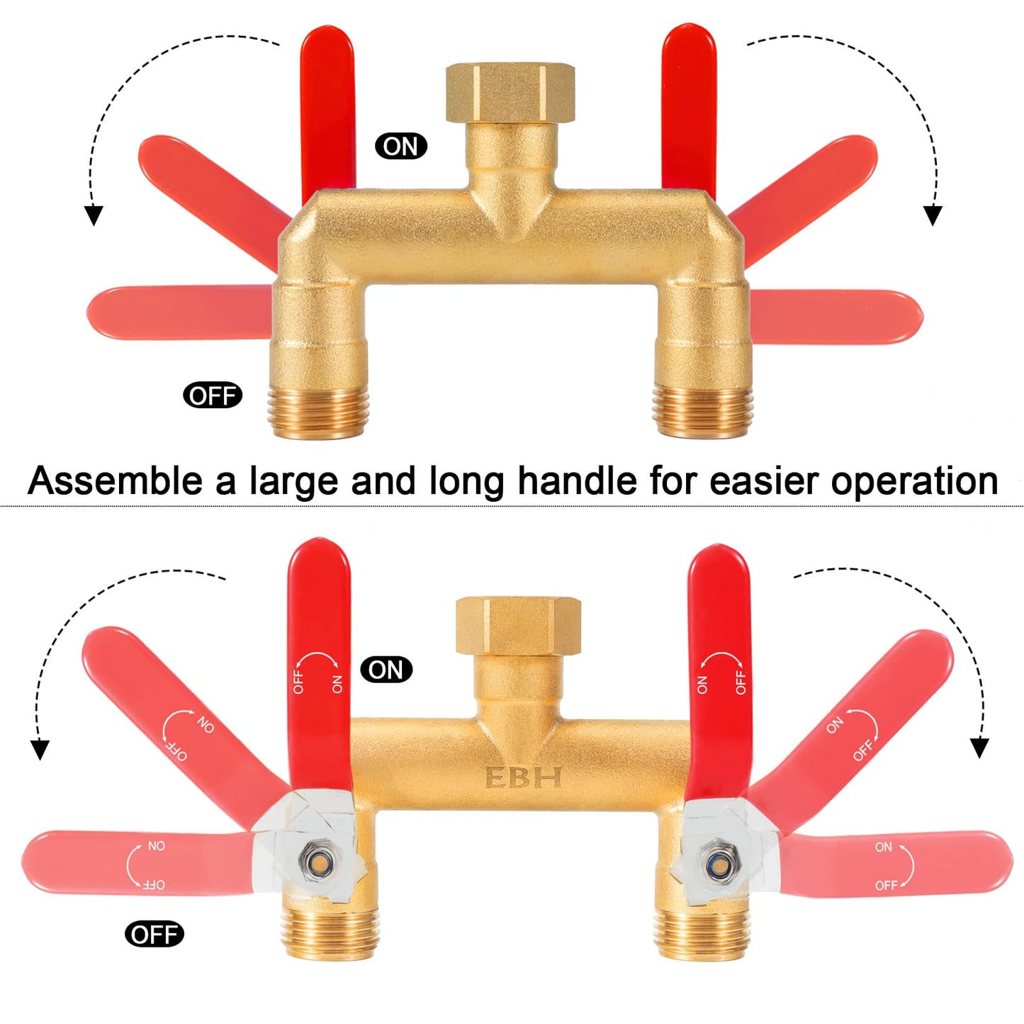 EBH Garden Hose Splitter, 2-Way Full Flow Brass Heavy Duty Outdoor Hose Manifold with Extra Long Handles Shutoff Valves Spigot Adapter- 3/4” GHT Thread