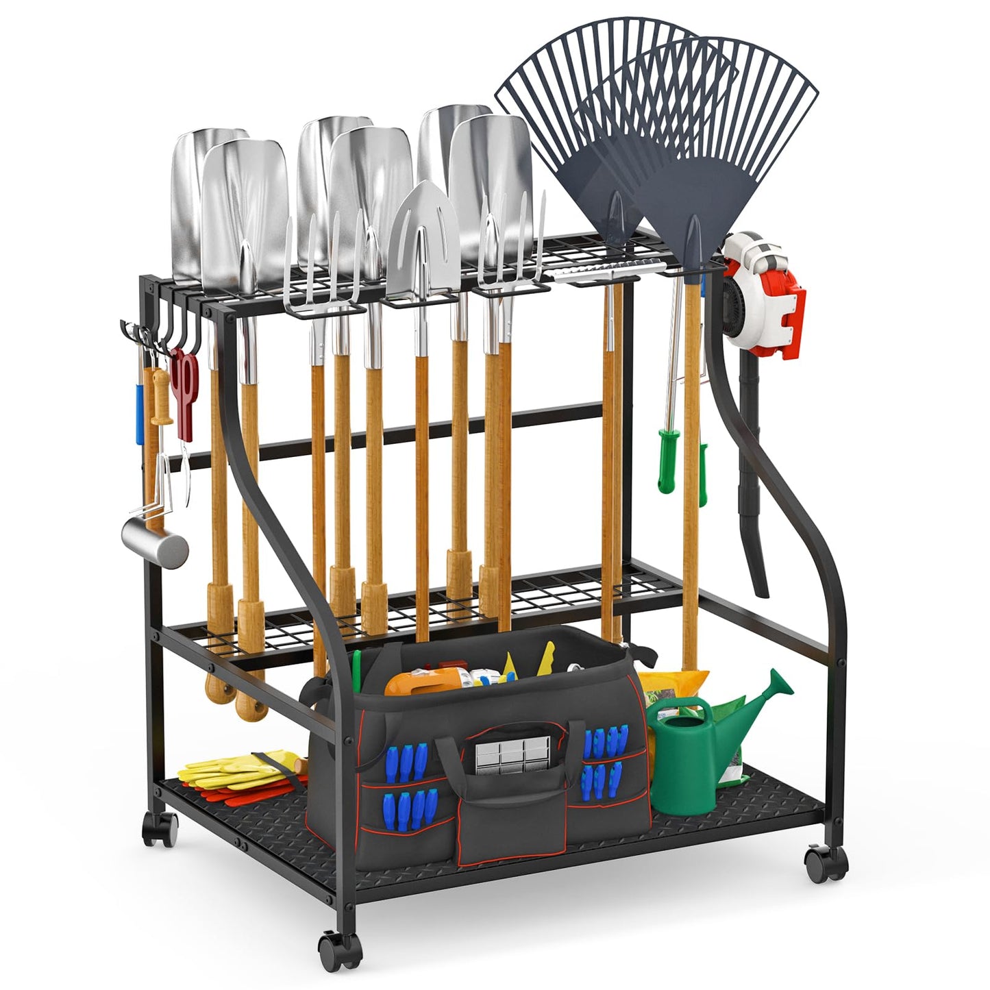 Garden Tool Organizer with Wheels, 3-Tier Yard Tool Storage with Hooks, Heavy Duty Steel Tool Rack Stand for Broom Shovel Long Handled Tools, Garden Tool Holder for Garage Shed Outdoor, Black