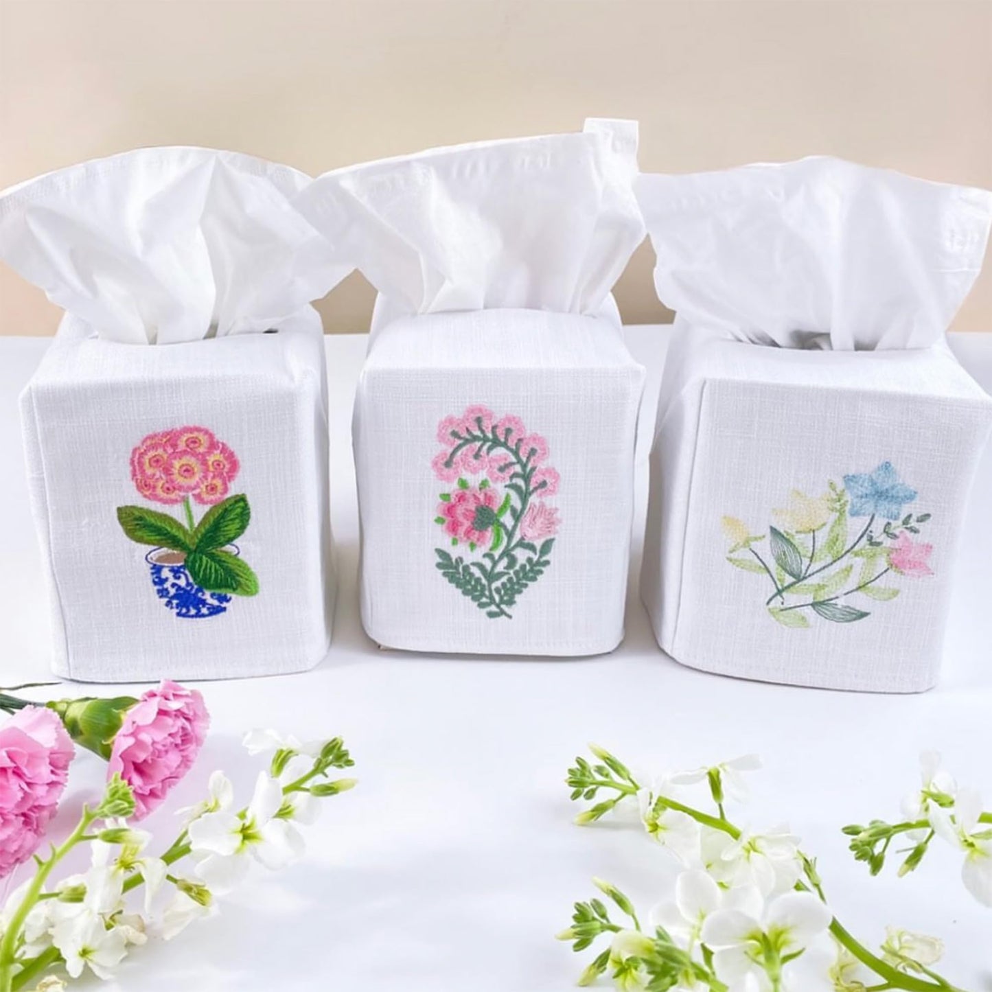 Jacaranda Living Square Tissue Box Cover, Linen/Cotton Fabric Tissue Holder, Decorative Cloth Tissue Cube Cover, Cover, Botanical Designs, Potted Primrose (Pink)