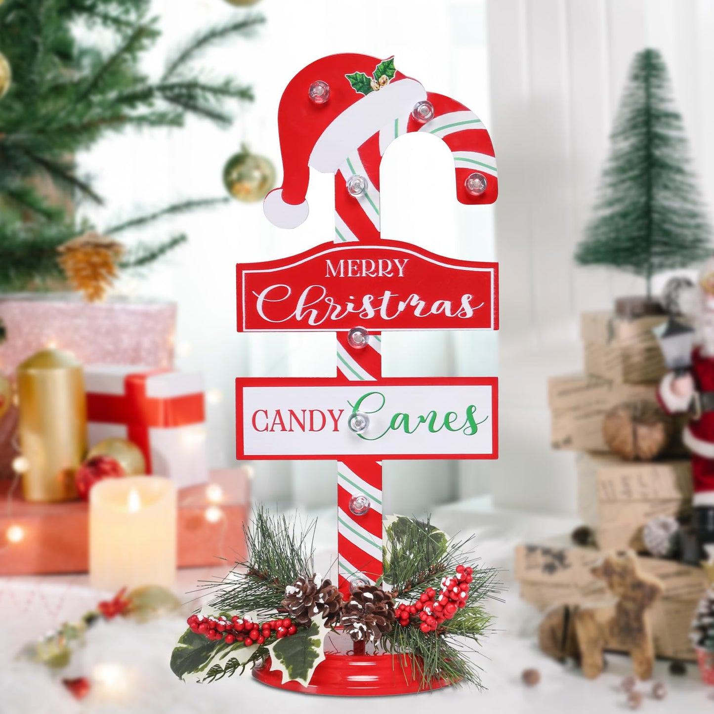 WONDER GARDEN Christmas Signs Indoor - 2 Pack Lighted Candy Cane Signs with Artificial Holly Berries, 16 Inch Metal Standing Merry Christmas Sign Decorations for Home or Party Table Decor Gift(Hat)