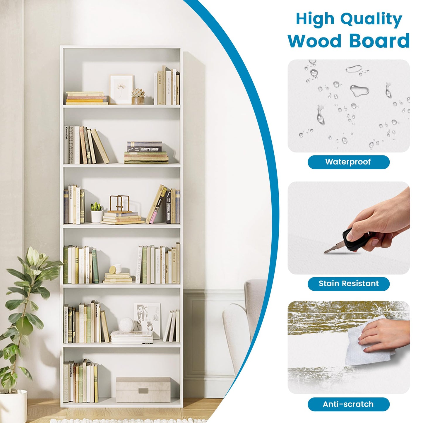 GRUSIGN 71" Tall 6-Tier Bookshelf, Large Open Display Bookcase with Ample Storage, Floor Standing Book Shelf for Living Room, Home Office, Bed Room, White