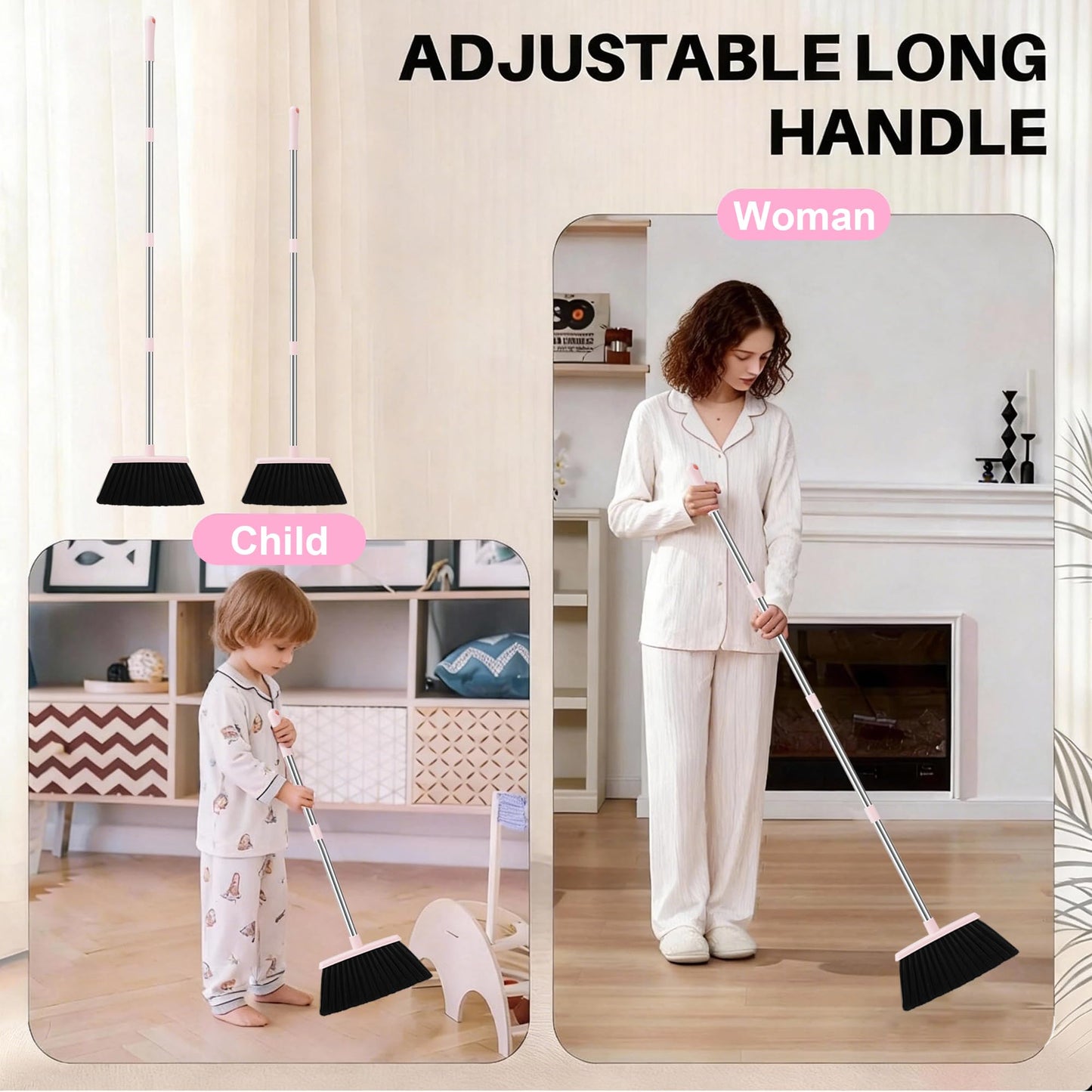 Broom with Dustpan Combo Set, 52-in Adjustable Handles Broom and Dustpan Set with Combo Teeth Easy to Scrape Off Pet Hair, Indoor&Outdoor Sweeping