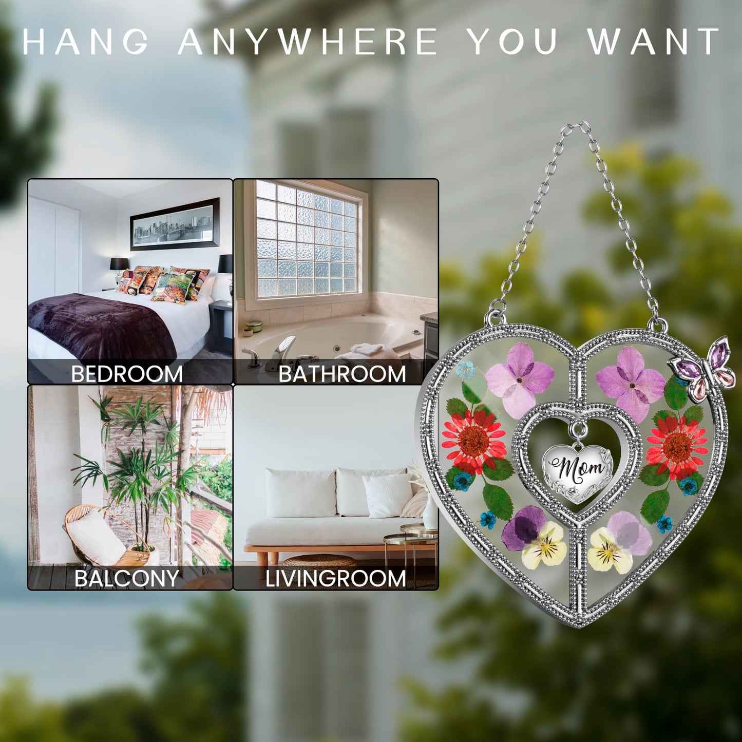 West style Heart Suncatcher Wind Chime with Butterfly Wing Pressed Real Flower Gifts for Mom, Stained Glass with Hook and Heart Hang Tag, Birthday for Mother Grandmother (Mom)