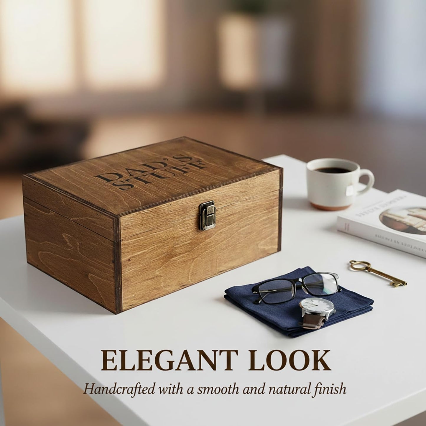 BeeGreeny Dad Gifts, Wooden Dad's Stuff Storage Box, Large Rustic Wooden Keepsake Box 11.6" x 8.7" x 5", Engraved Memory Wood Box, Birthday, Father's Day Gift for Dad, Father, Daddy