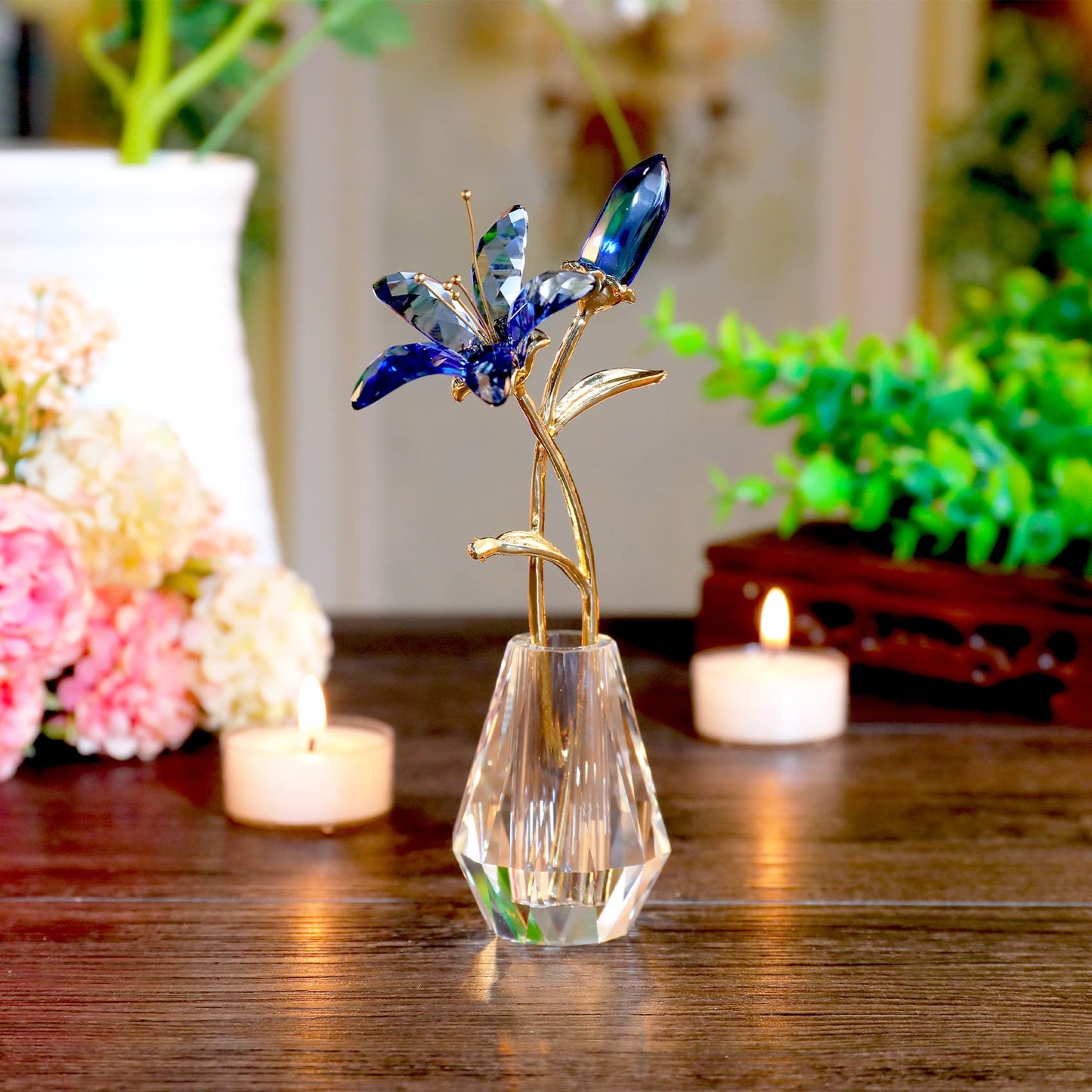 Ornalrist Crystal Tiger Lily Flowers with Vase Metal Stem Blue Lily Flower Collectible Gifts for Women, Glass Lilium Floral Figurines for Home Anniversary Party Decor