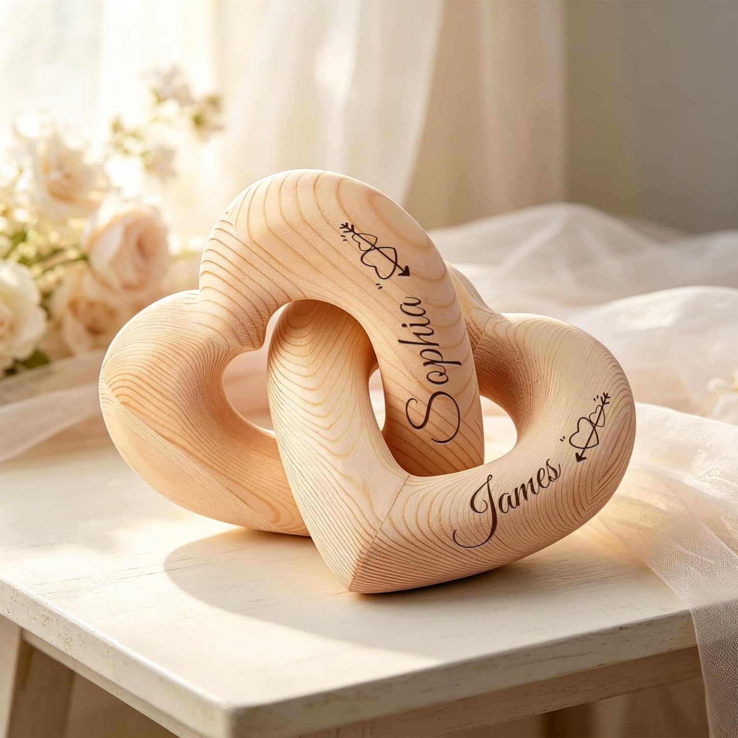 Personalized Wooden Hearts with Names – Infinity Heart Sculpture, Custom Laser Engraved Wooden Hearts for Couples, Romantic Wedding & Anniversary Keepsake, Sentimental Home Décor Accents