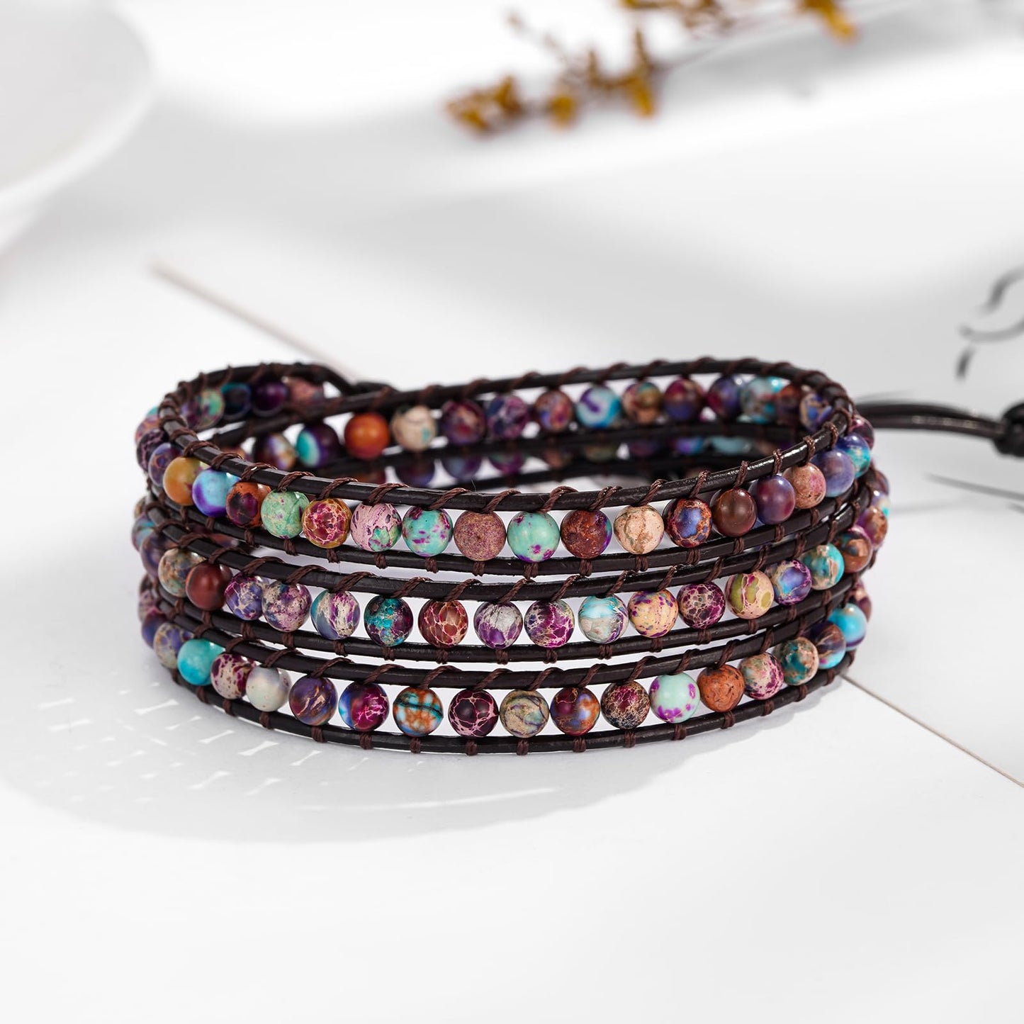 Plumiss Boho Unique Blue Purple Jasper Stone 4mm Beads Genuine Leather Handmade 3 Wrap Bracelets Jewlery Gift