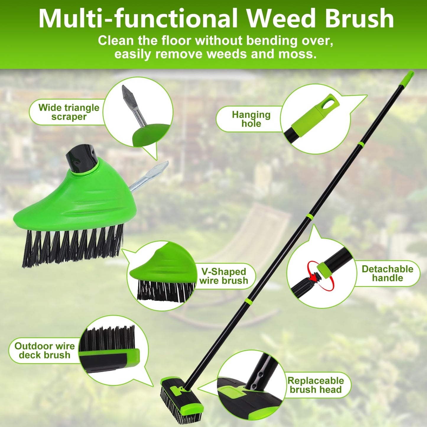 Crack Weeder Brush Long Handle 3-in-1 Wire Floor Scrubber Brush Crack Weeder Tool - Manual Crevice Weeding Tool with Scraper , Weed & Moss Remover for Driveway, Patio, Garage, Deck, Pool, and Sidewalk