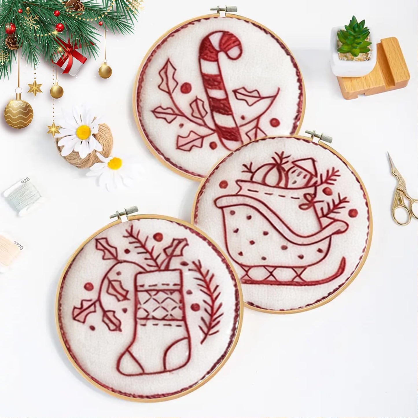 Zsdios Christmas Embroidery Kit,Embroidery Christmas Ornament Kits, Complete Needlepoint Starter Set, Hand Embroidery Ornament Kit for Beginners with Easy & Instructions (14 Pcs Red Set)
