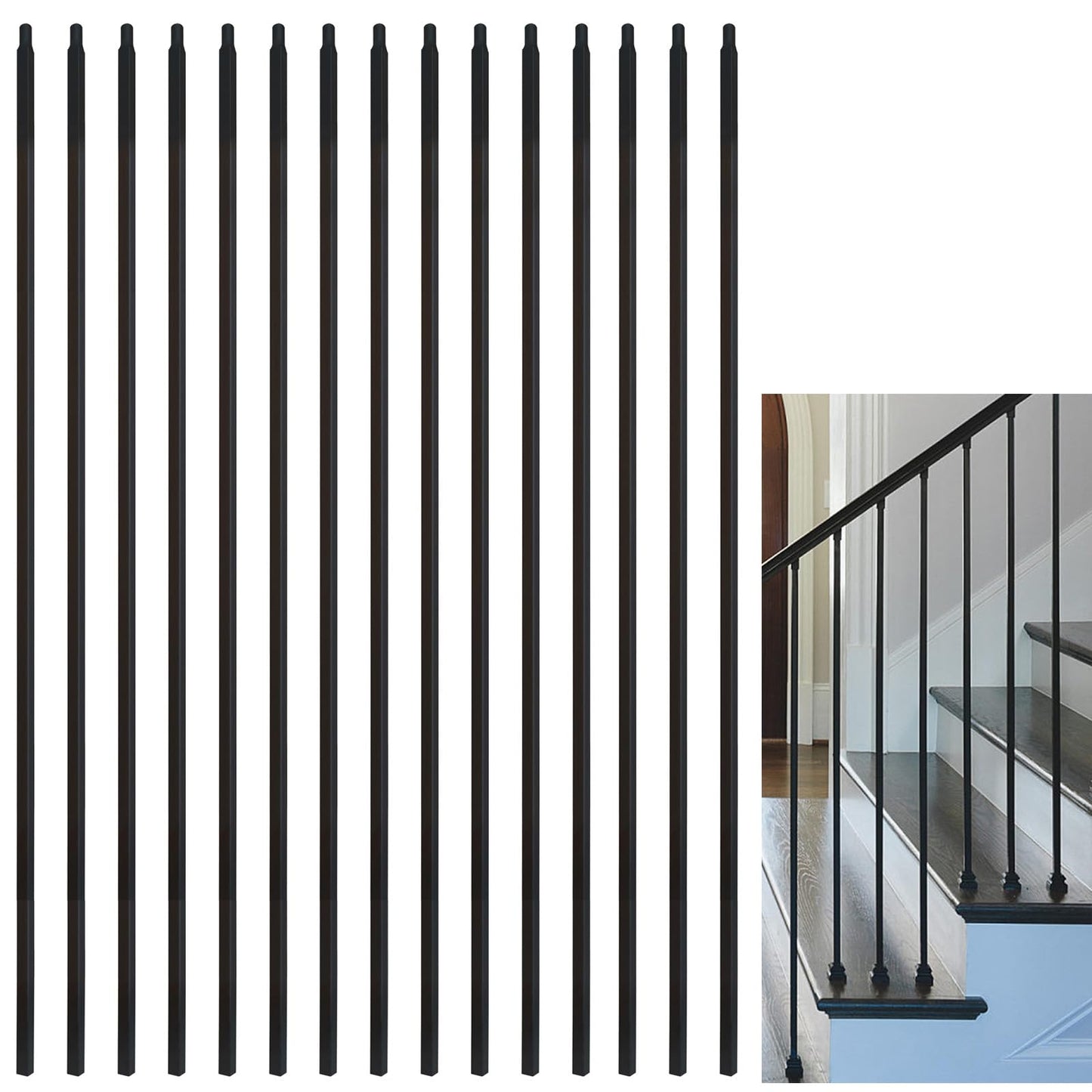 15 Pcs Wrought Iron Balusters,1/2" x 44" Straight Hollow Iron Baluster for Staircase Remodel, Matte Black Metal Railing
