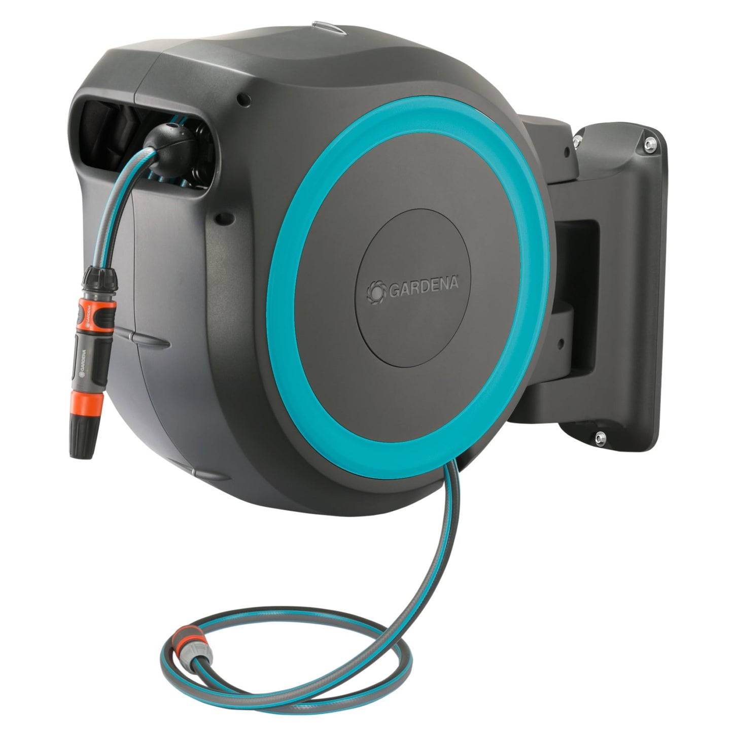 GARDENA (18630) Retractable Garden Hose Reel 115' x 1/2" Wall Mounted, Automatic Retraction & Length Lock for Easy Watering. Heavy Duty Swivel Bracket 180°, Includes Nozzle. Made in Europe