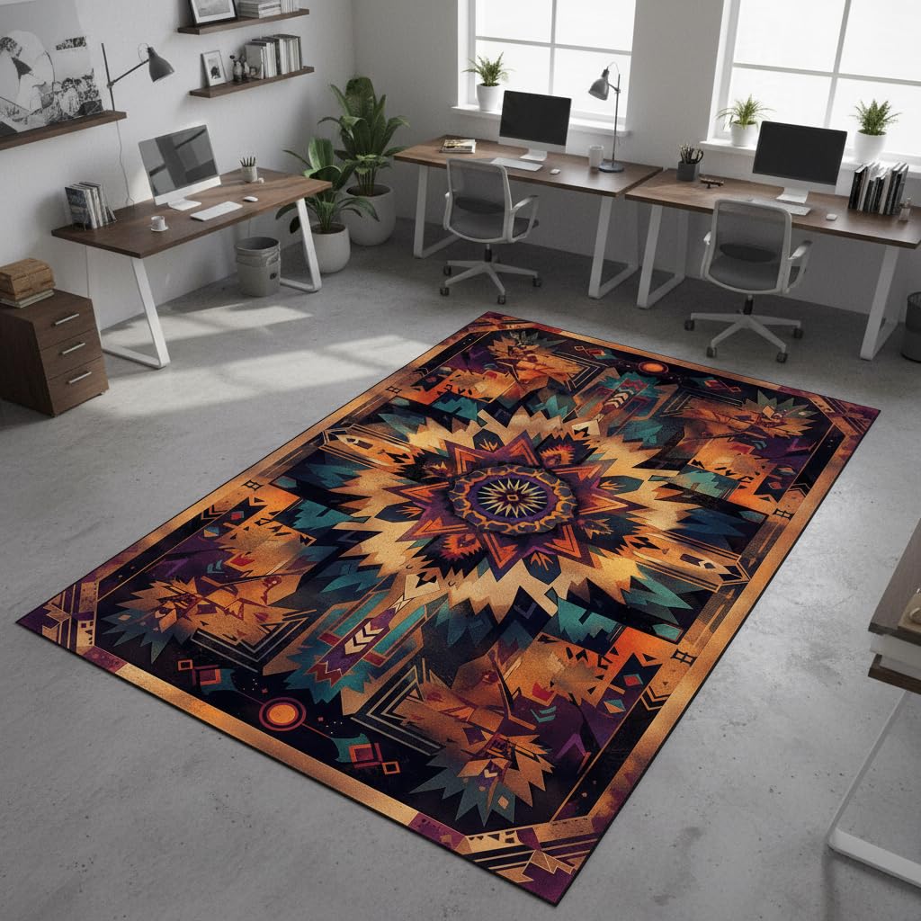 Southwestern Aztec Area Rug 5'x7' – Tribal Geometric Pattern Carpet for Living Room, Rustic Washable Boho Accent Decor, Native Inspired Non-Slip Floor Mat for Bedroom, Living Room, Cabin Lodge