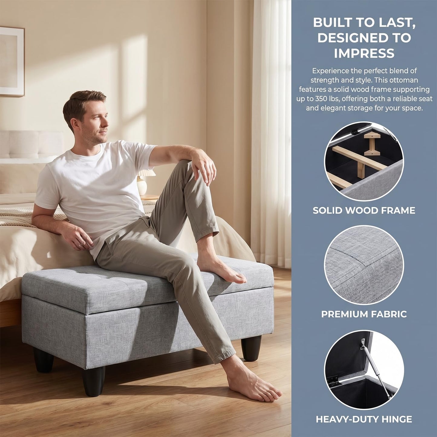 Asevlge 35" Storage Ottoman with Storage for Bedroom, Solid Wood End of Bed Bench, 660lbs Capacity Heavy Duty Foot Rest Stool, Grey Linen with Double Layer Springs
