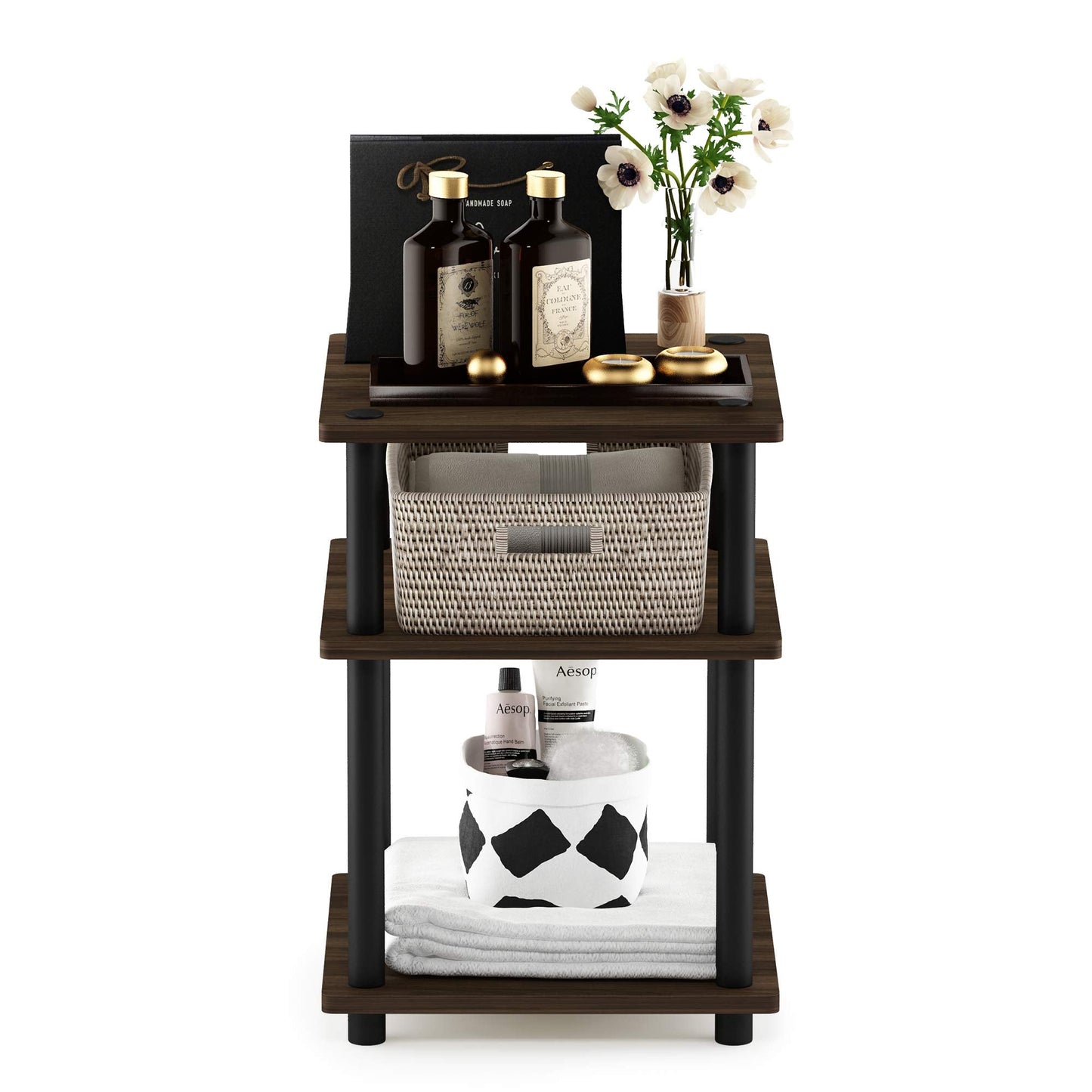 Furinno TURN-N-TUBE Side Table, 3-Tier Square Modern End Table, Open Shelves Nightstand, Night Stand, Bedside Table, Easy Assembly, for Living Room, Bedroom, Columbia Walnut