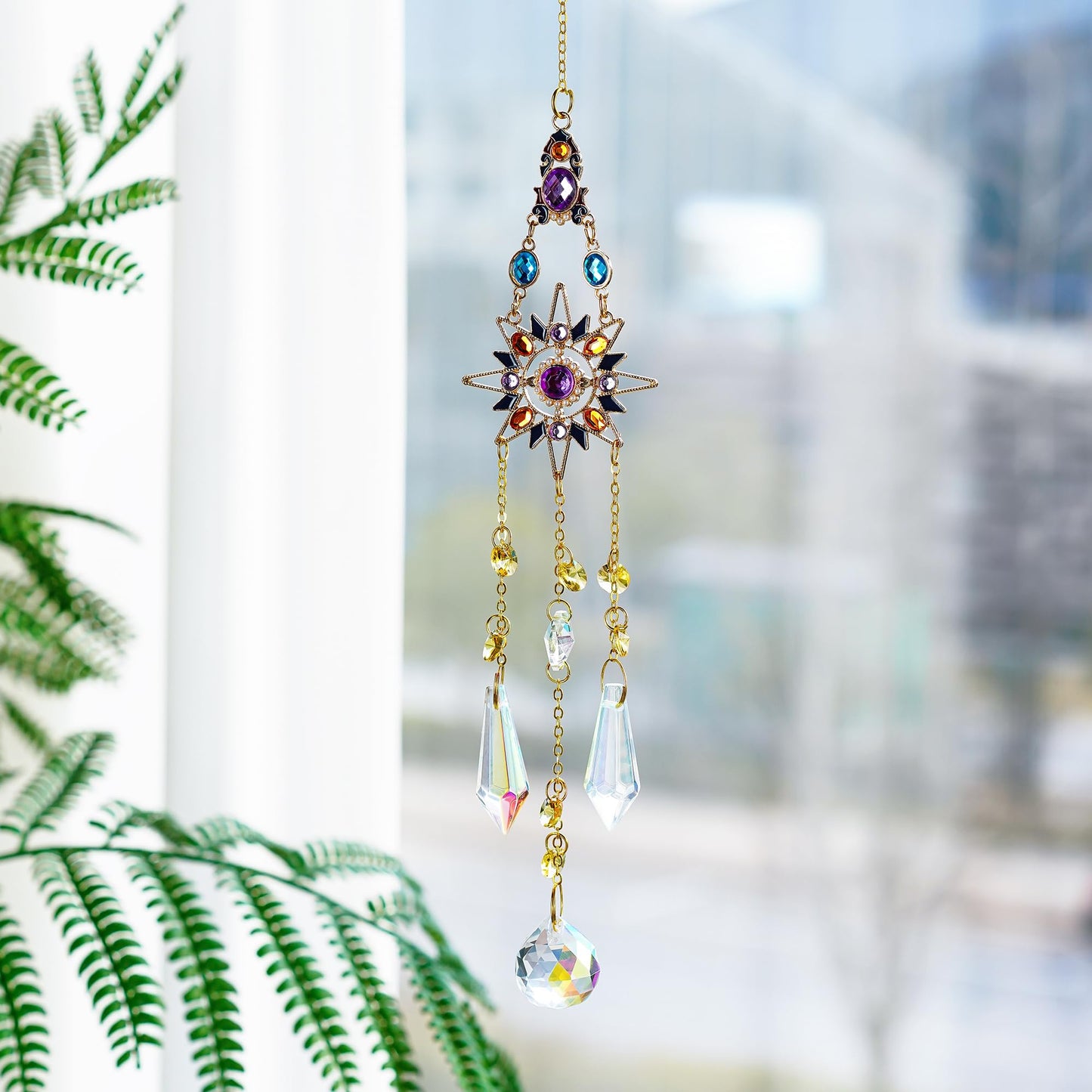 Hanging Sun Catchers with Crystals, Glass Icicle Prisms Rhinestones Suncatcher, Rainbow Maker Pendant Indoor Window Home Car Decor Gift
