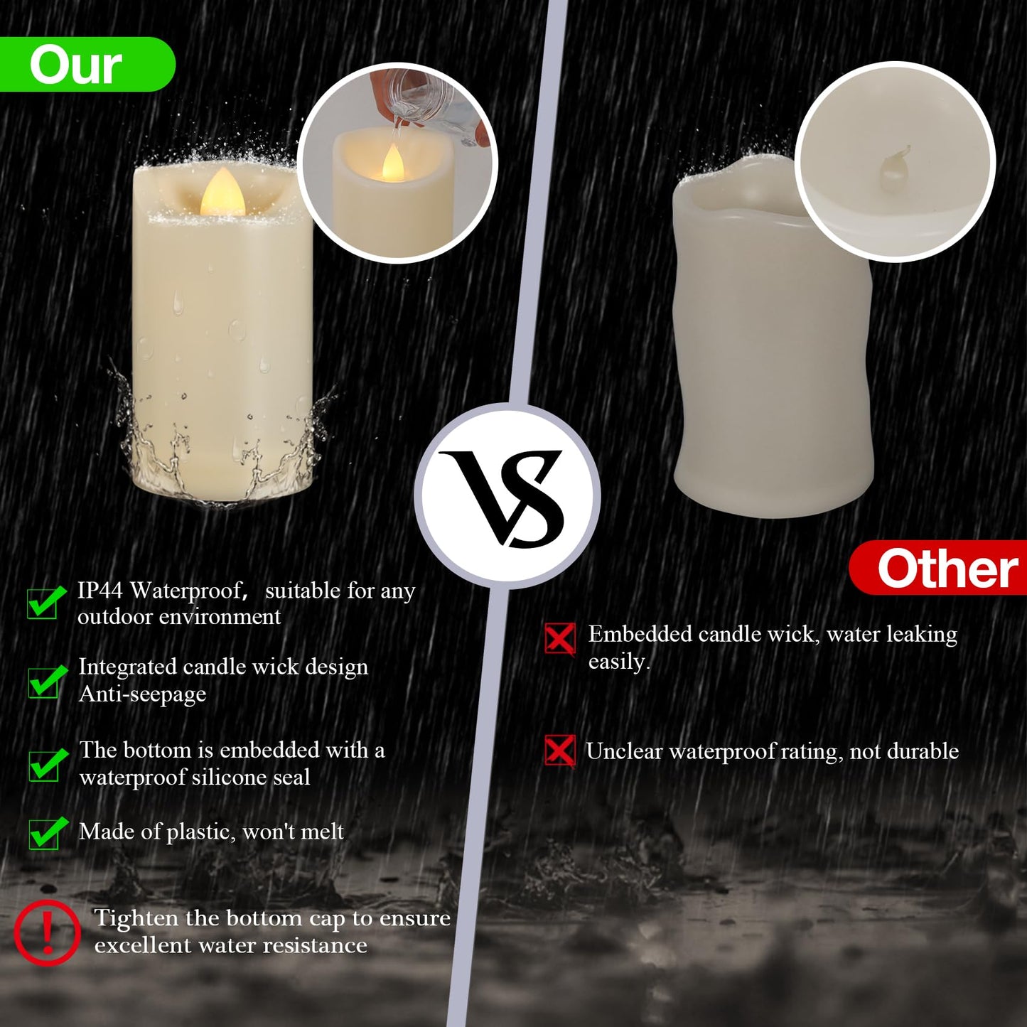 2" X 4" Battery Operated Flameless Candles with Timer, Waterproof Outdoor Flickering LED Pillar Candles for Home, Wedding Decoration, Slim Tall, Ivory Plastic, 2 Pack