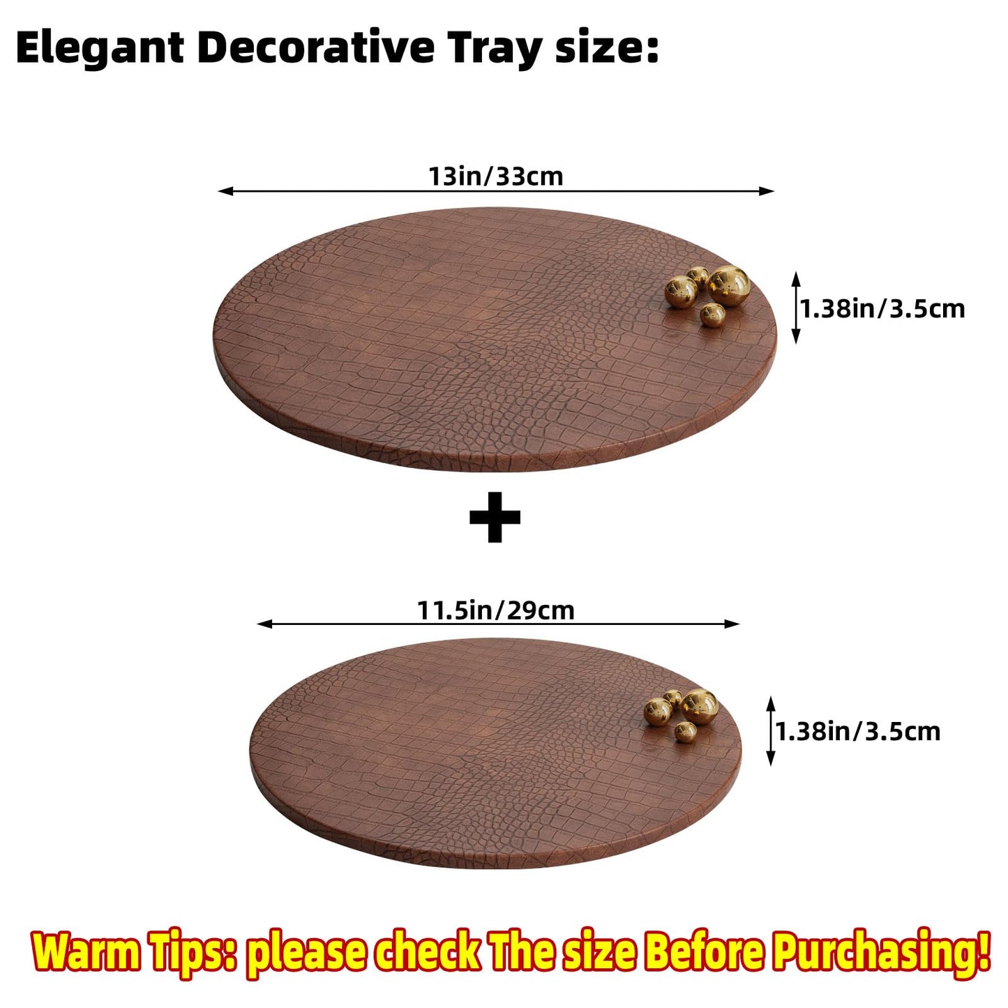 JUMBO HUMBLE Decorative Serving Trays, Set of 2 Brown Crocodile Leather Round Serving Tray with Beads, Decorative Tray Ottoman Decor Platter Coffee Table Trays for Living Room Home Decor