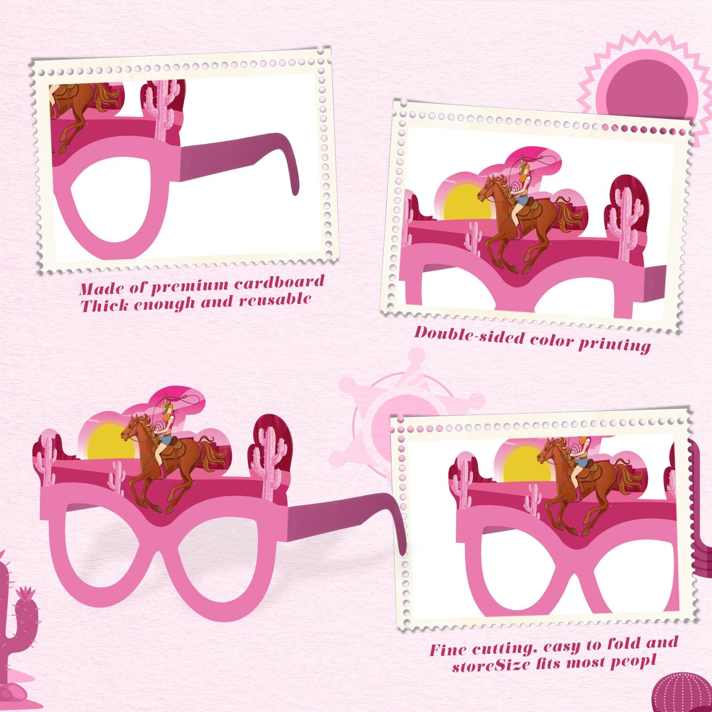 Herdear 32 Pcs Pink Cowgirl Paper Glasses Western Cowgirl Photo Booth Props Let's Go Disco Bachelorette Party Decorations Girls Eyeglasses for Wild West Cowboy Girls Birthday Party Favor Supplies