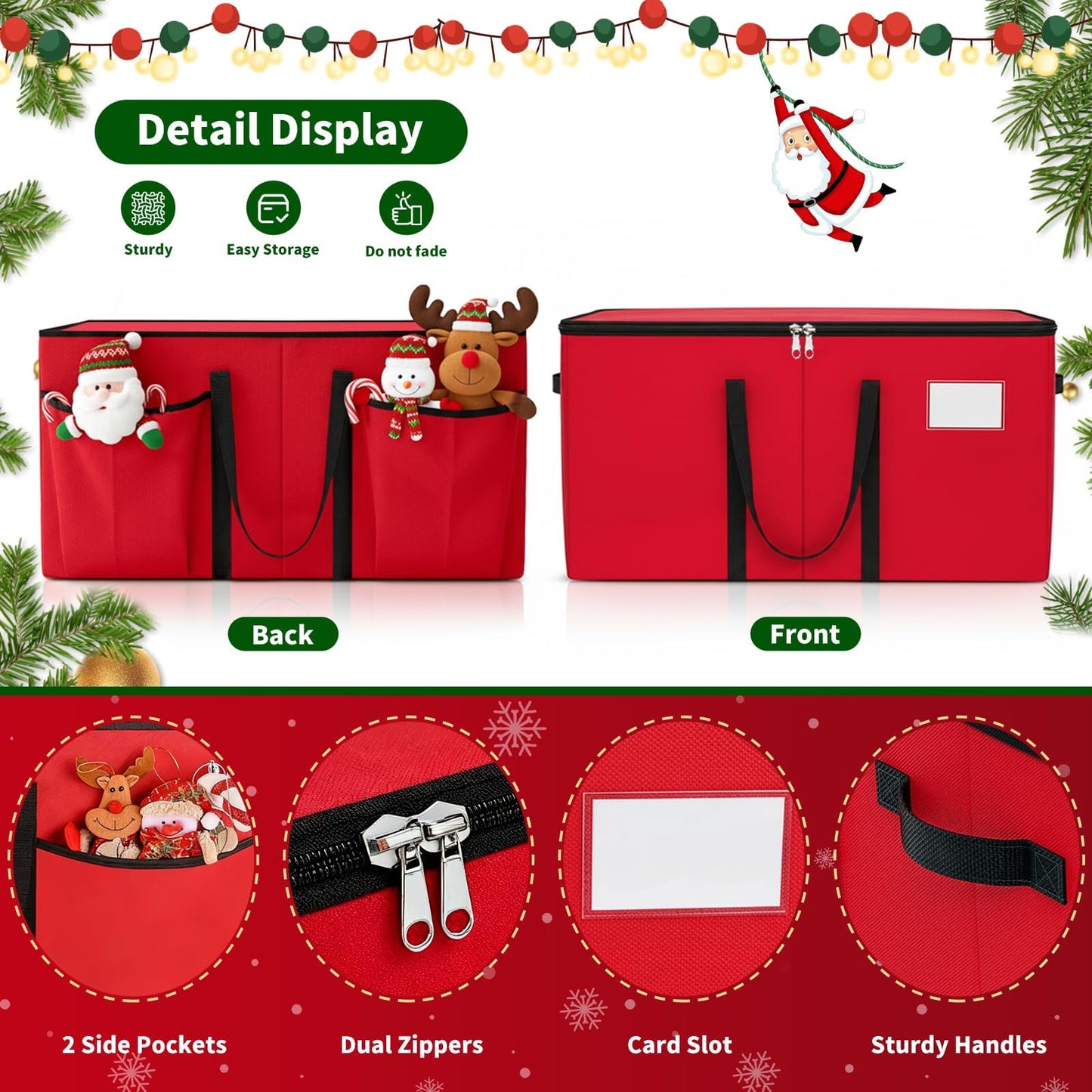 EverMerry Christmas Ornament Storage Box - Large & Sturdy Christmas Storage Container with Adjustable Dividers, 8 Individual Trays and Handles, Holds up to 128 Holiday Decorations (Red)