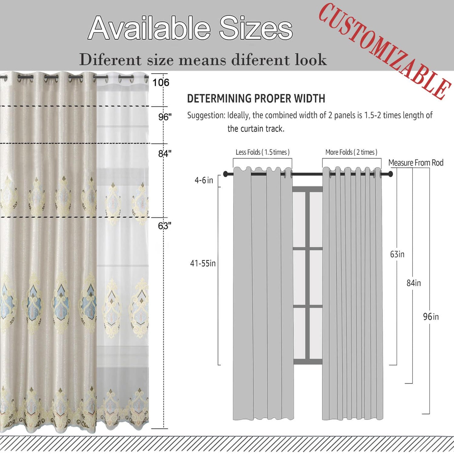 VOGOL Embroidered Curtains 84 inches Long Grommet Window Treatment Voile Panel Drape for Living Room Kitchen, Two Panels, W54 x L84 inch