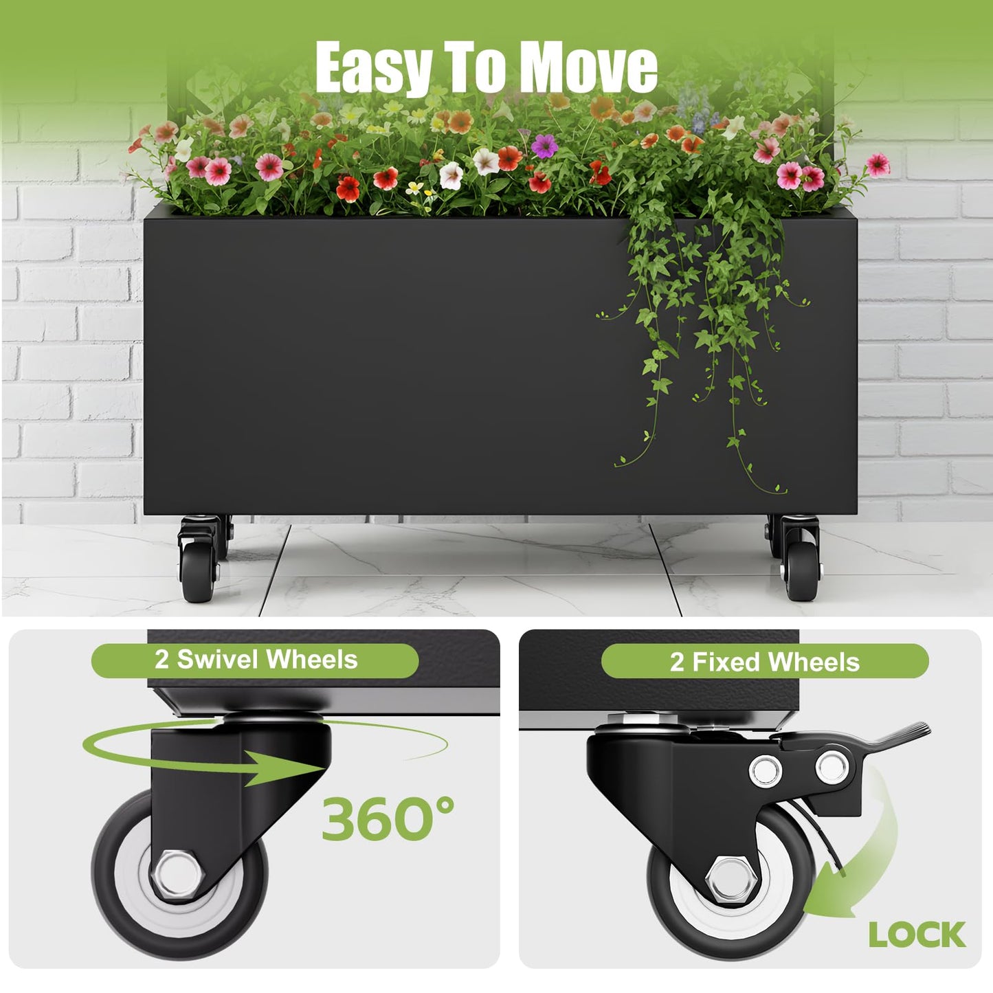 ZenithZest Metal Planter with Trellis, 72"x36"x16" Raised Garden Bed with Trellis and Wheels, Planter Box with with Privacy Screen for Climbing Plants, Flowers, Vegetables, Fruits