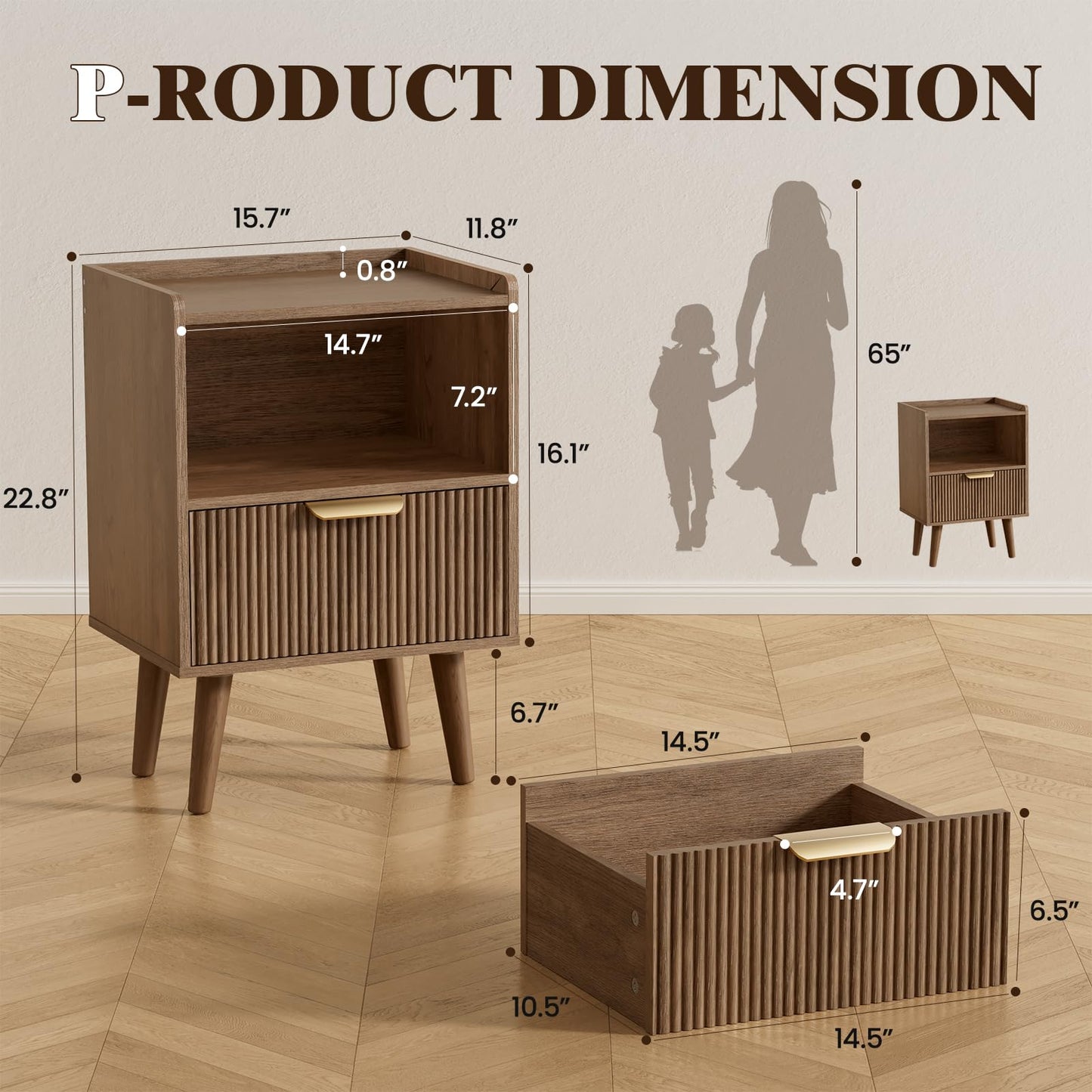 Apicizon Modern Nightstand with Storage Drawer and Open Wood Shelf, Fluted Night Stand with Solid Wood Legs, Bedside Table for Bedroom,Small Spaces, Easy Assembly,Walnut