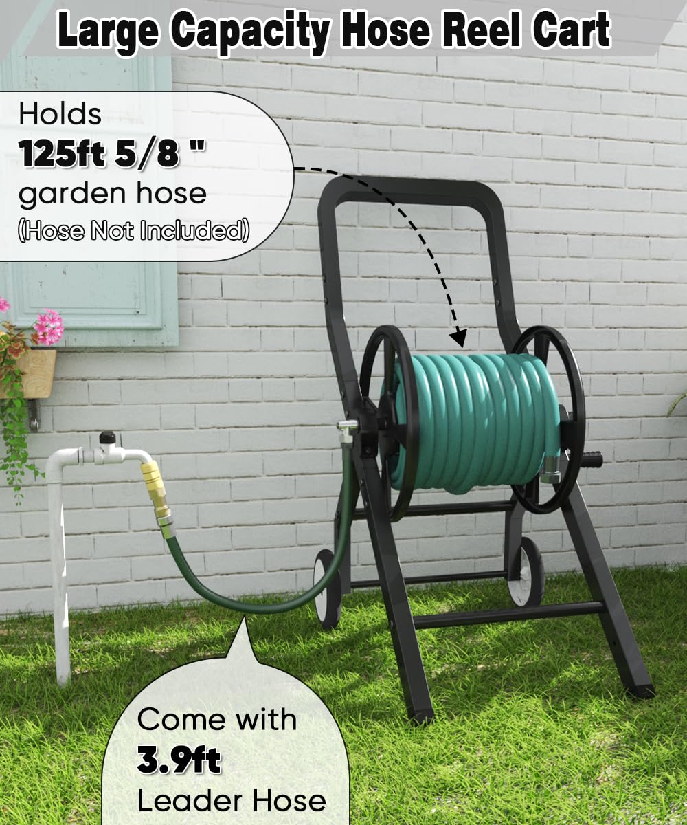 Artigarden Garden Hose Reel Cart with Wheels, Outdoor Heavy Duty Powder-coated Steel Water Storage Winder Holder, Holds 125 ft of 5/8’’ Hose with 3.9 Ft Leader Hose for Outside Lawn Yard, Black