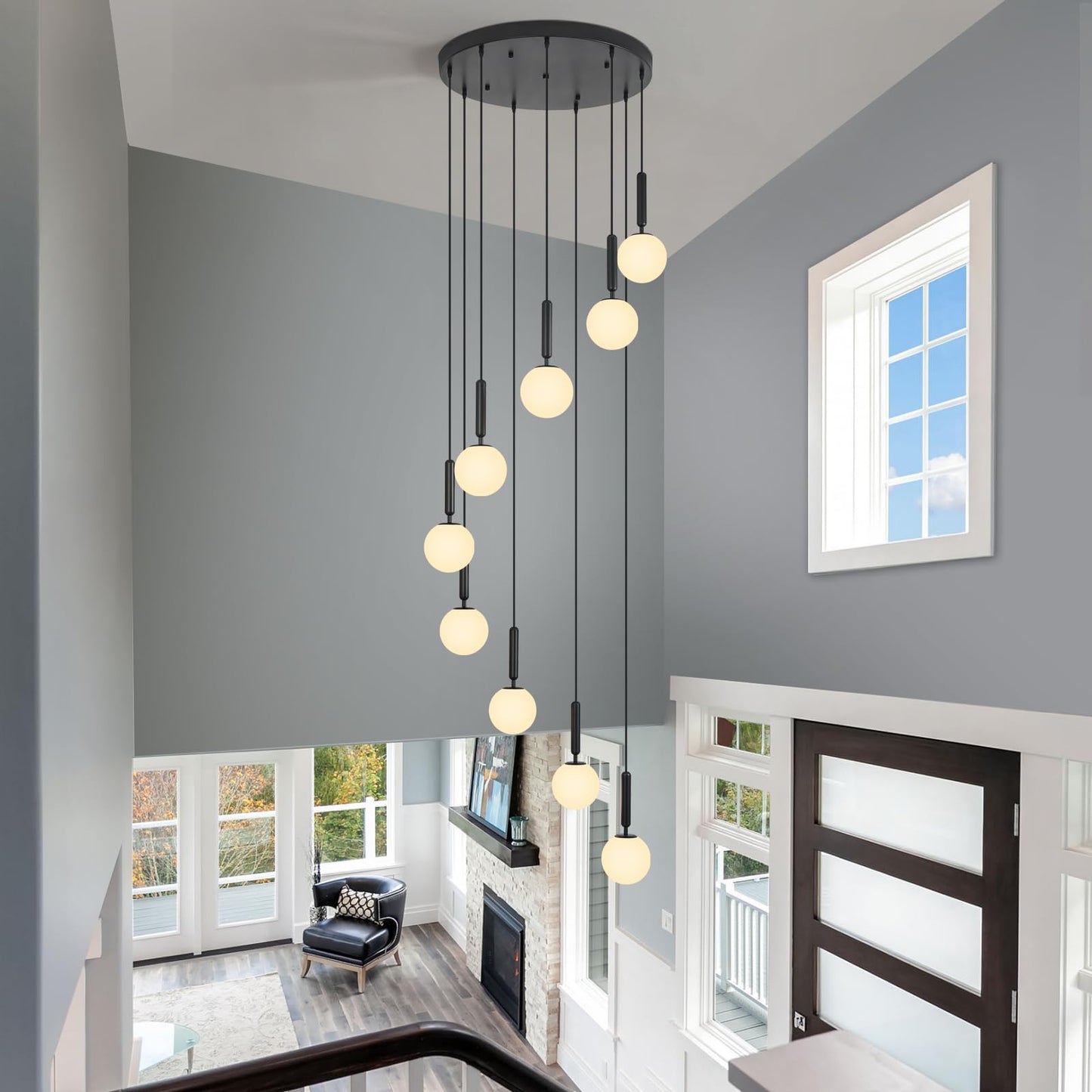 FDPBY 9-Lights Black Chandelier with Milk White Glass Mid Century Modern Globe Pendant Light for Foyer Living Room Entryway Hallway