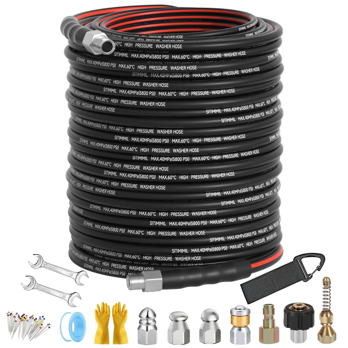 Sewer Jetter Kit for Pressure Washer 200FT, Drain Cleaner Hose 1/4 Inch NPT, NPT Corner Swivel and Push Button Nose Sewer Jet Nozzle Wrenches Gloves Waterproof Tape Pearl Brooch,5800PSI