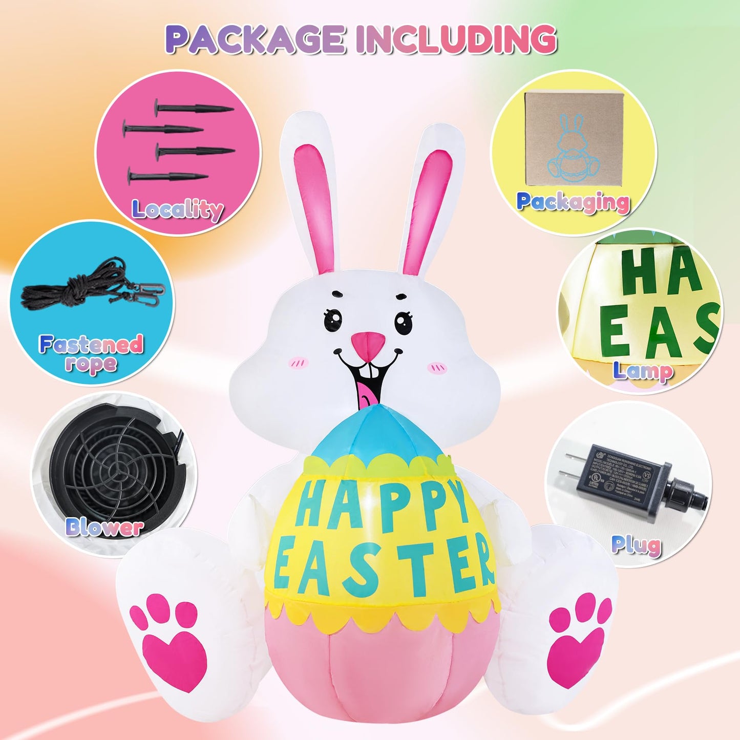 GIFTFIND 3.6FT Easter Inflatables Bunny with Egg - Brighter LED Lights, Quick Inflation Outdoor Yard Decoration, Holiday Inflatable for Patio Garden Lawn, Cute Ear Bunny Rabbit Gifts