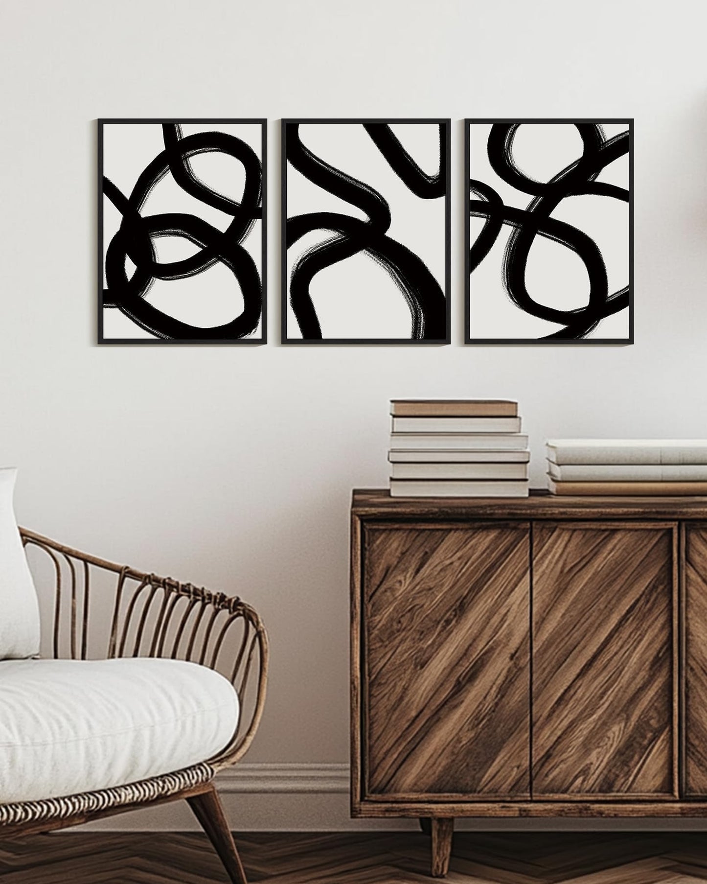 KUVIOKE Black and Grey Abstract Framed Wall Art Ink Wash Minimalist Lines Painting Artwork for Bedroom Hallway 12x16in (Black Framed)