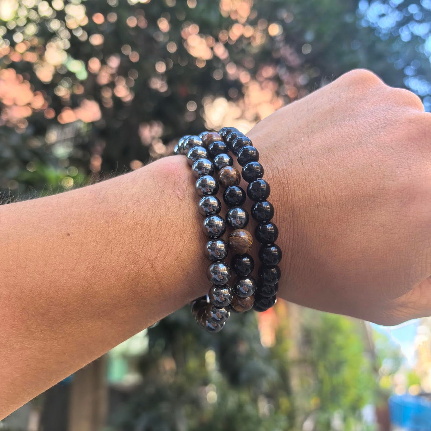 Crgwxzl 3pcs Triple Protection Bracelet, Genuine Tigers Eye Black Obsidian and Hematite 8mm Beads Bracelet for Men Women, Crystal Jewelry Stone Bracelets for Men Bring Luck Prosperity