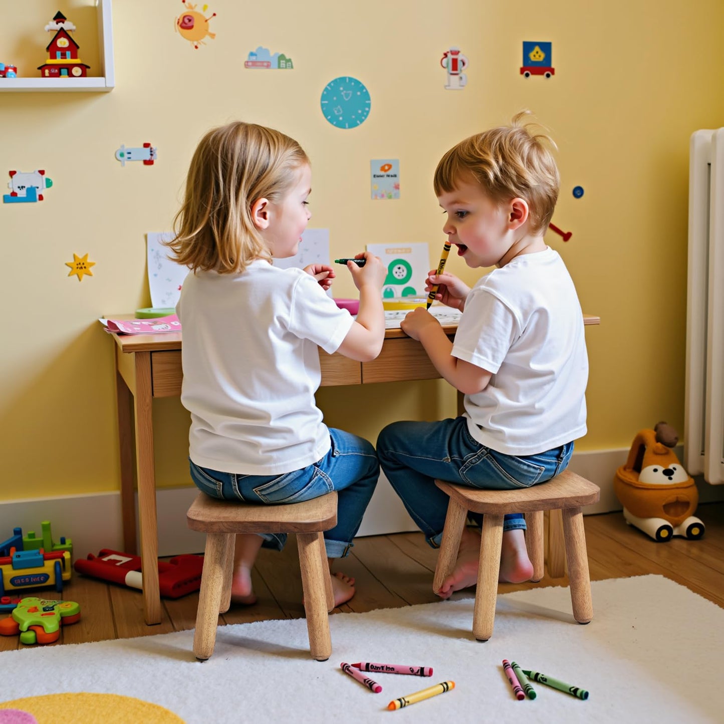 2 Pack Wooden Stool, Plant Stools, Kids Stools for Adults Step Stool for with Four Detachable and Assembled Legs(Classic 9.3inch)-Walnut
