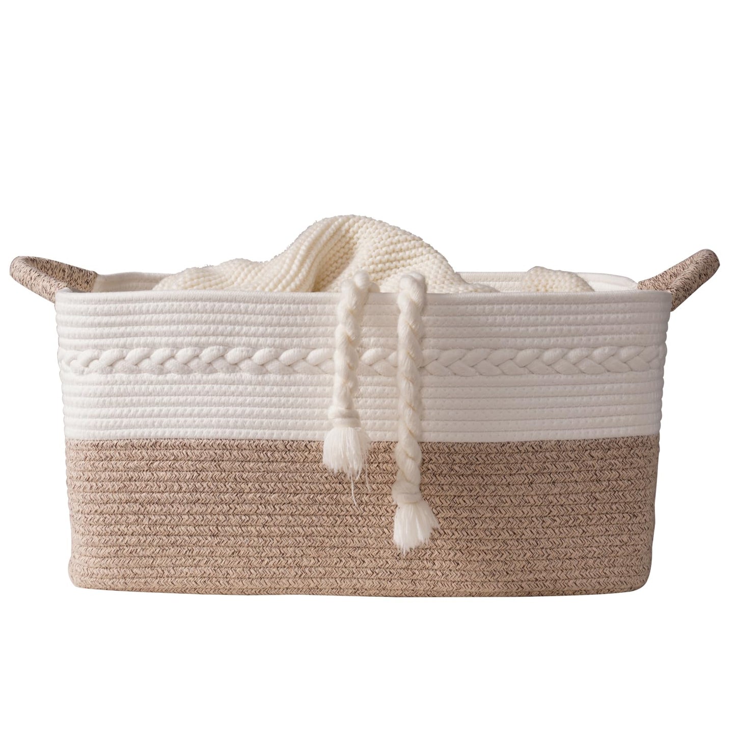Decorative laundry basket with handles woven from natural cotton rope storage blankets for living room cute boho quilted gift baskets for clothes pillows toys 20"x14"x10",white/brown
